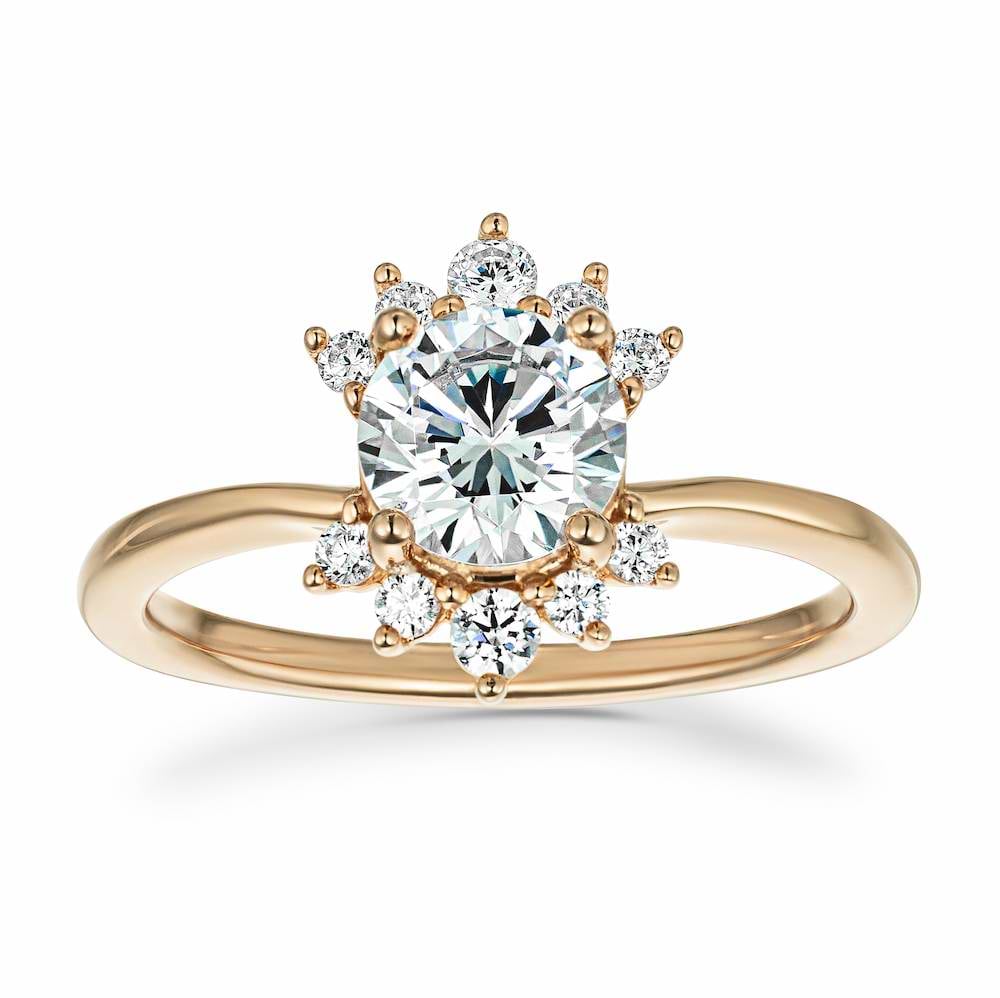 Shown with 1ct Round cut Lab Grown Diamond in 14k Rose Gold|Nature inspired engagement ring with floral diamond halo design featuring 1ct round cut lab grown diamond in 14k rose gold