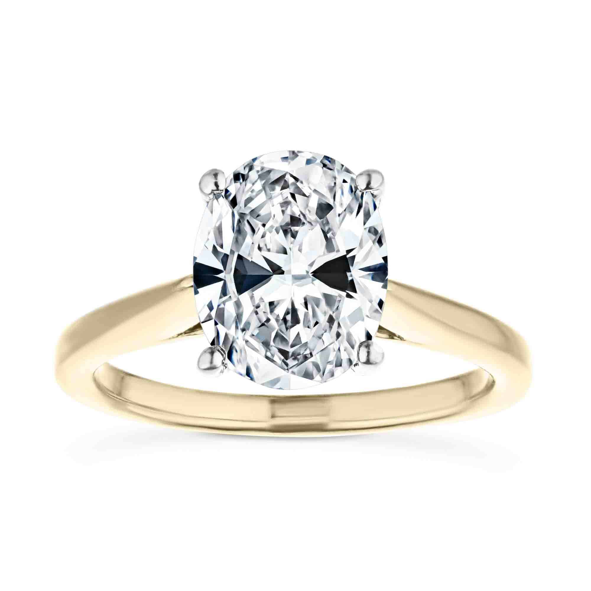 Shown with 2ct Oval Cut Lab Grown Diamond in 14k Yellow Gold and 14K White Gold|Two tone hidden halo engagement ring with 2ct oval cut lab grown diamond in 14k yellow gold and 14k white gold