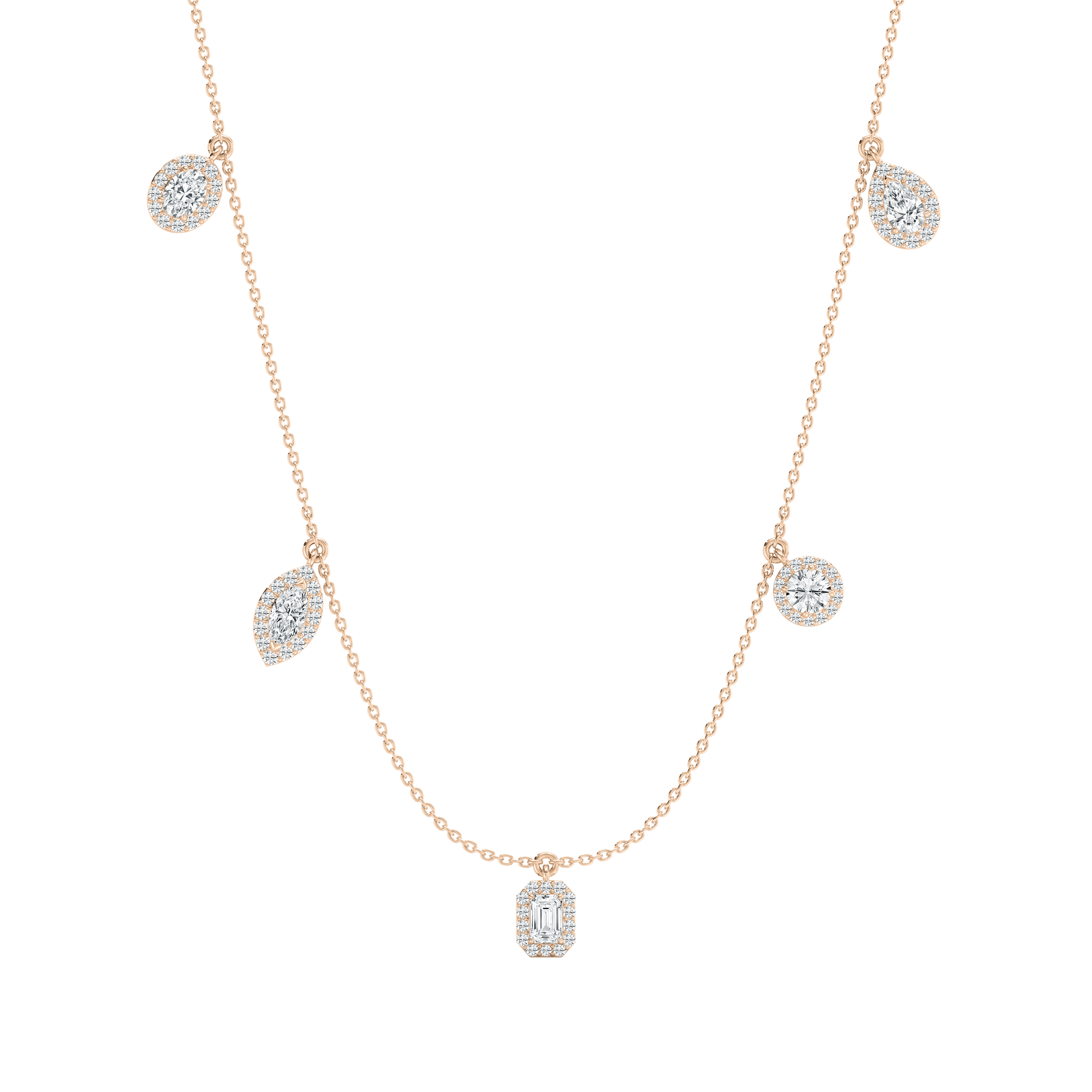 Multi-Shape Diamond Halo Necklace in Rose Gold