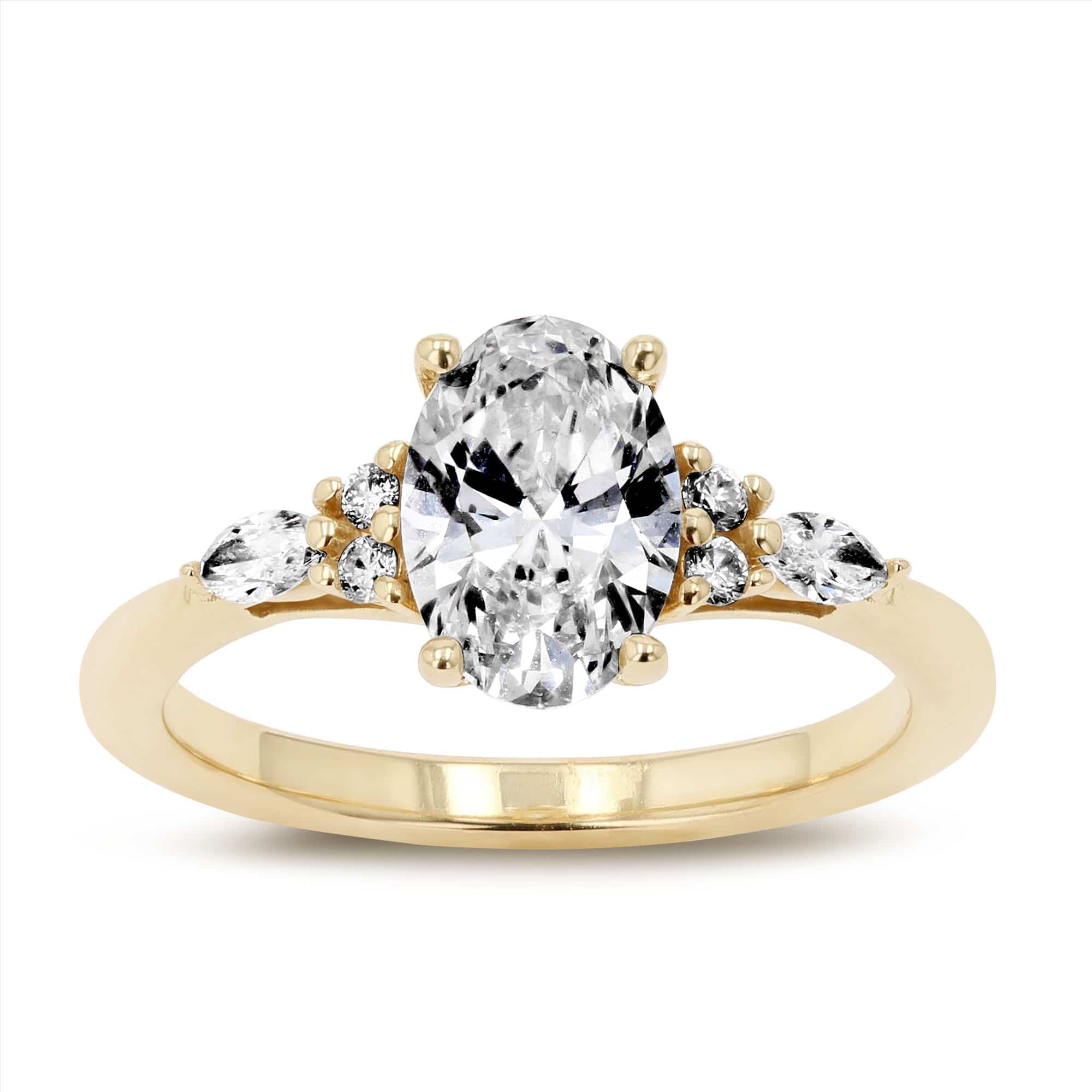 Shown with 1ct Oval Cut Lab Grown Diamond in 14K Yellow Gold|Diamond accented engagement ring with a 1ct oval cut lab grown diamond set in 14k yellow gold