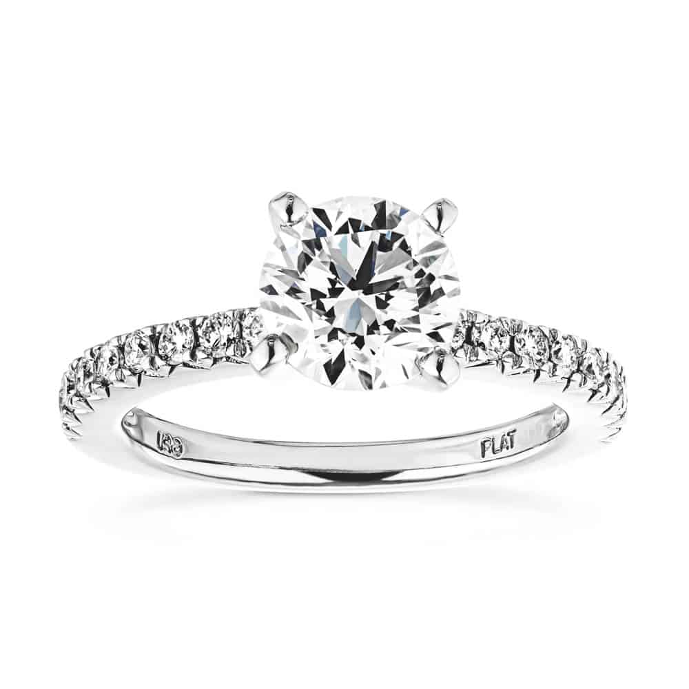 Shown with 1ct Round Cut Lab Grown Diamond in Platinum|Affordable pave set diamond accented engagement ring with 1ct round cut lab grown diamond in platinum setting