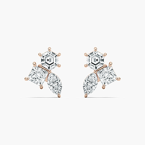 Three Stone Stud Lab Grown Diamond Earrings - Hexagon, Marquise And Lozenge