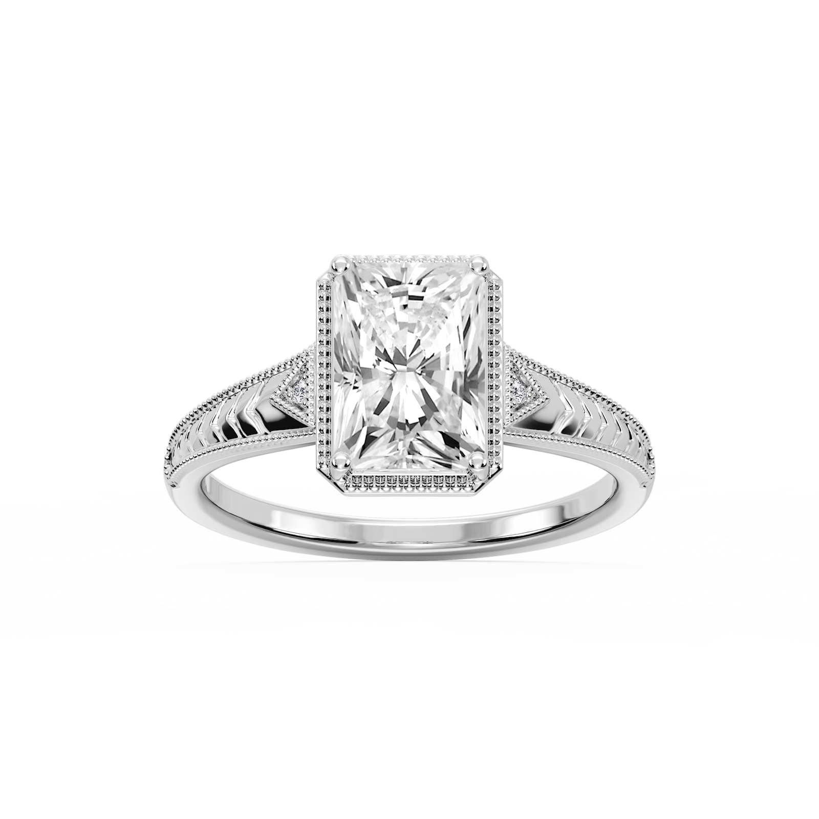 Florence Radiant Lab Grown Diamond Milgrain Bezel Three Stone Engagement Ring