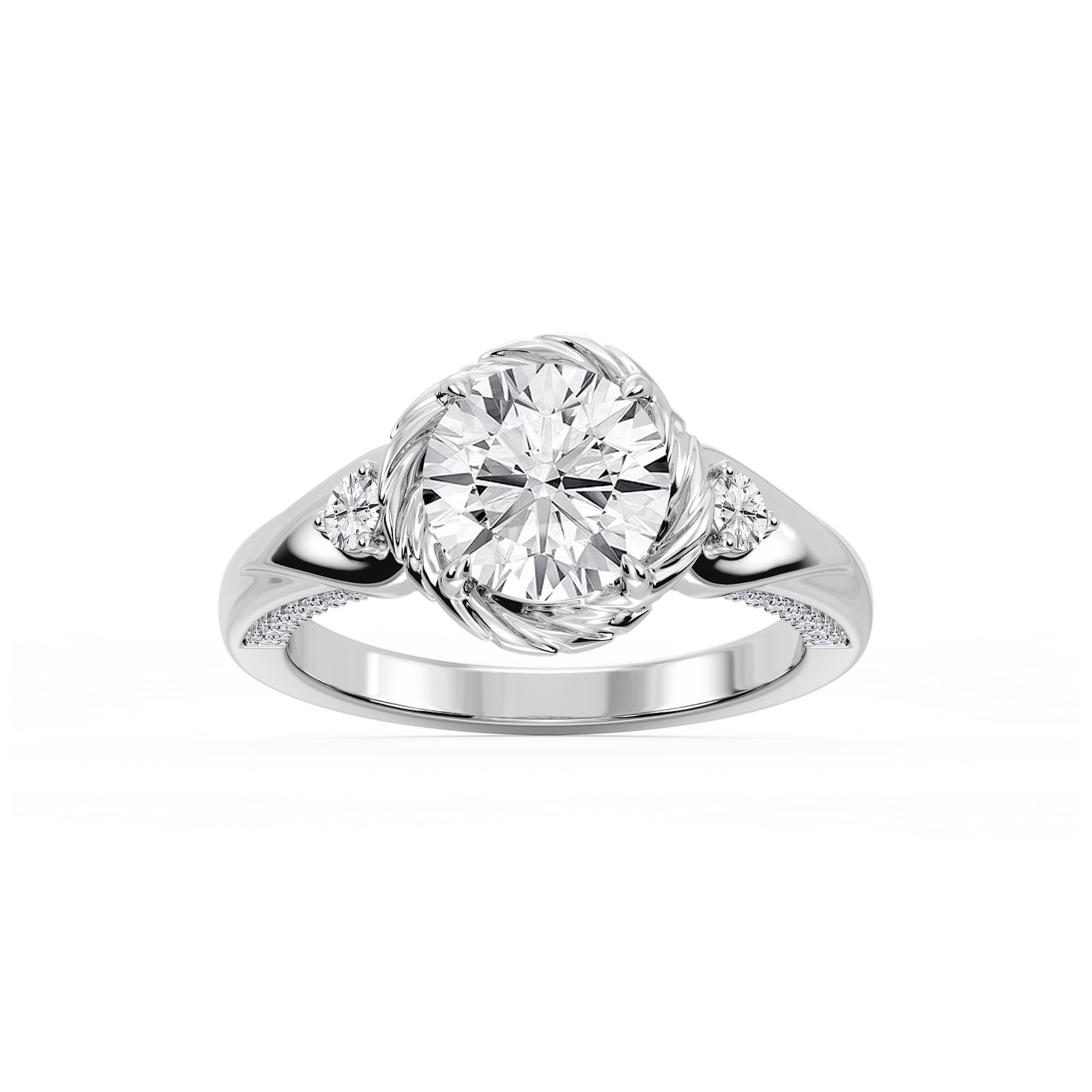 Mabel Round Lab Grown Diamond Swirl Halo Three Stone Engagement Ring