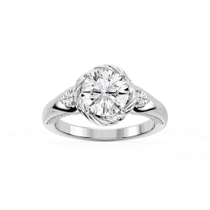 Mabel Round Lab Grown Diamond Swirl Halo Three Stone Engagement Ring