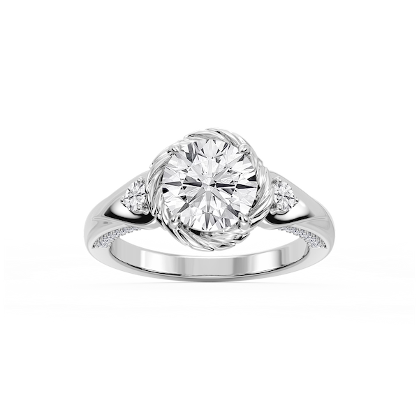 Mabel Round Lab Grown Diamond Swirl Halo Three Stone Engagement Ring