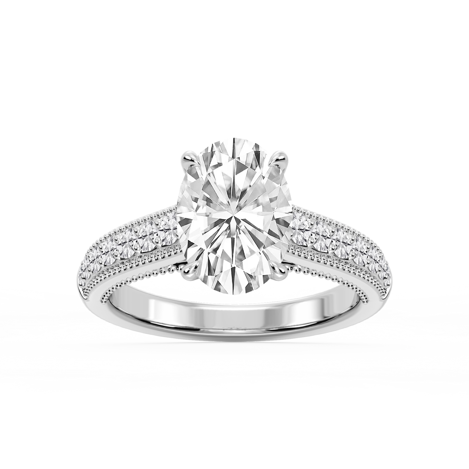Veronica Oval Lab Grown Diamond Milgrain Channel Side Stone Engagement Ring