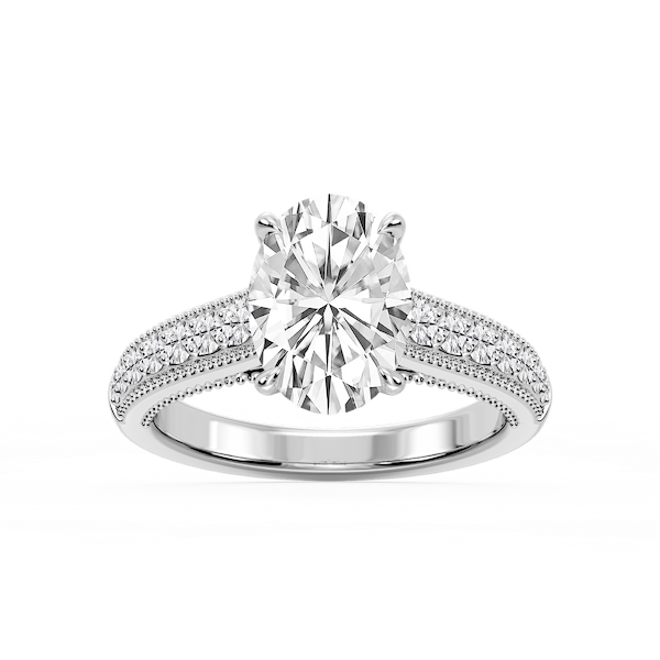Veronica Oval Lab Grown Diamond Milgrain Channel Side Stone Engagement Ring