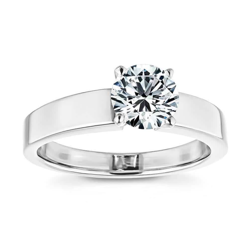 Shown with 1ct Round Cut Lab Grown Diamond in 14k White Gold|Modern minimalistic solitaire engagement ring with 1ct round cut lab grown diamond in thick 14k white gold band