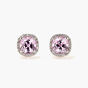lab grown diamond halo stud earrings with pink champagne sapphire gemstones set in 14k white gold recycled metal