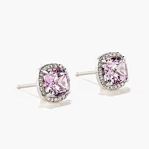 lab grown diamond halo stud earrings with pink champagne sapphire gemstones set in 14k white gold recycled metal