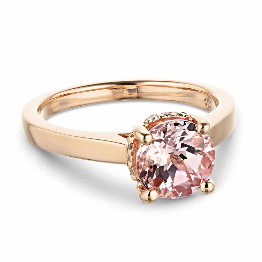 Shown with 2ct Round Cut Lab Created Pink Sapphire in 14k Rose Gold|Beautiful hidden halo engagement ring with 2ct round cut lab created pink sapphire in 14k rose gold setting