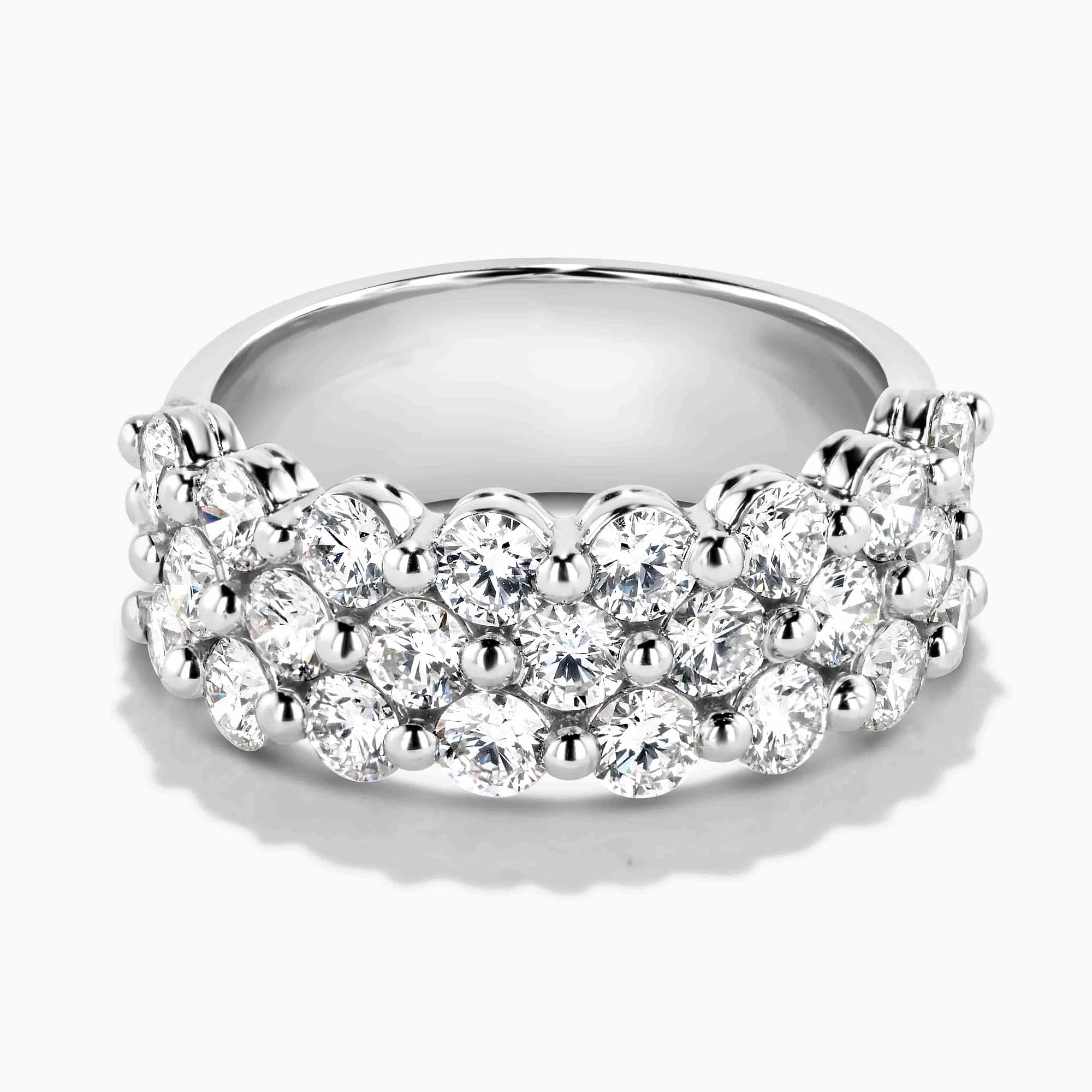 Three Row Lab Grown Diamond Band Shown In 14K White Gold|three row ring featuring lab grown diamonds by MiaDonna