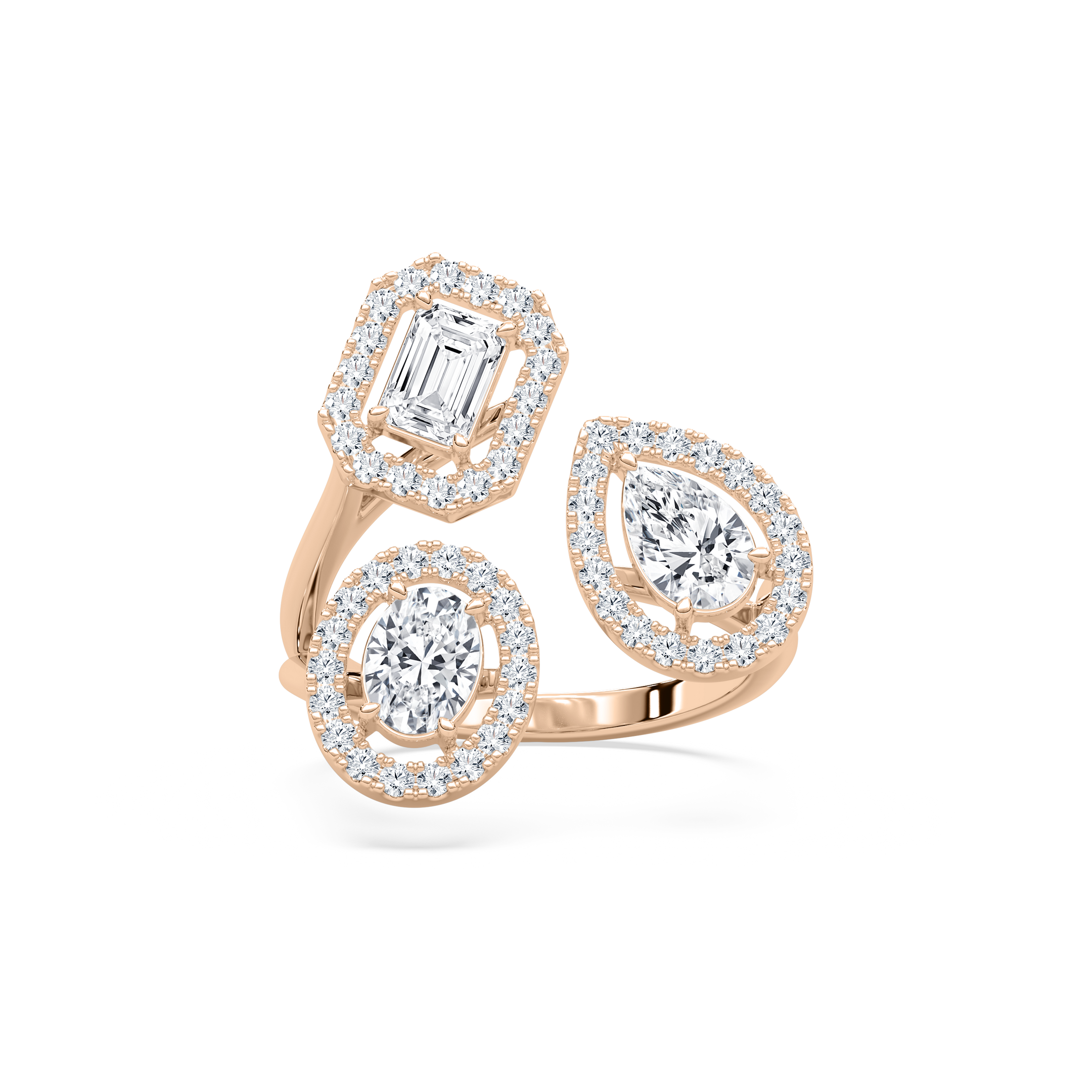 Three Stone Halo Fashion Ring in Rose Gold