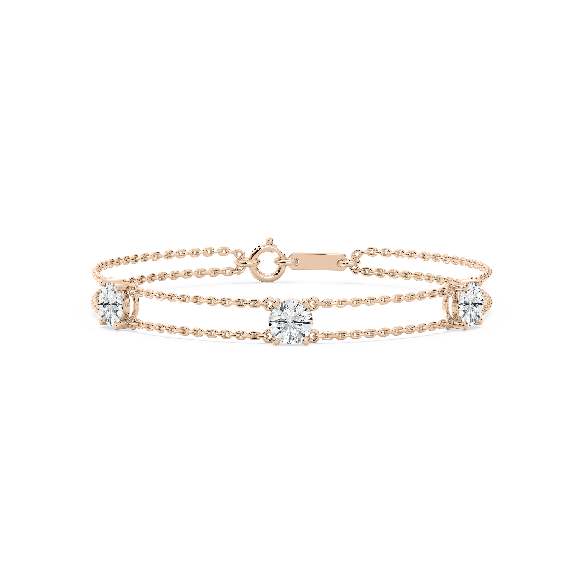 Three Stone Round Chain Bracelet in Rose Gold