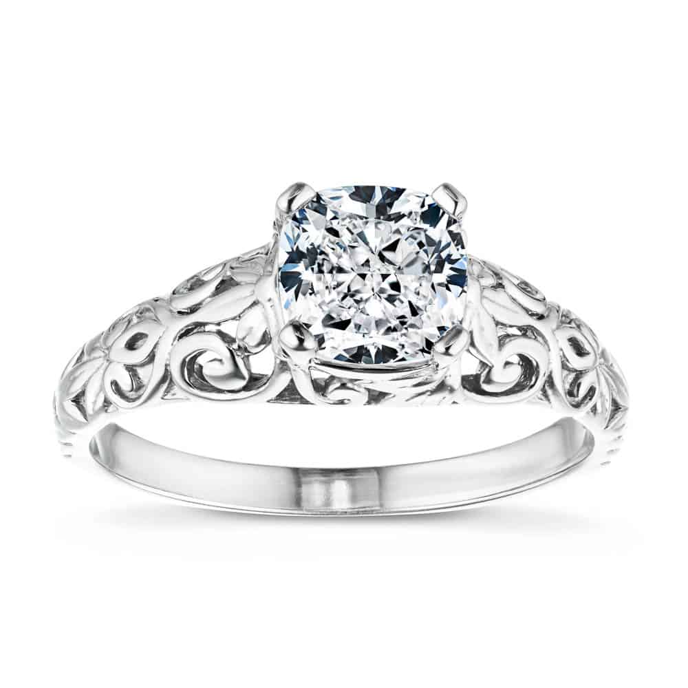 Shown with 1ct Cushion Cut Lab Grown Diamond in 14k White Gold|Vintage style nature inspired engagement ring with 1ct cushion cut lab grown diamond in detailed 14k white gold setting