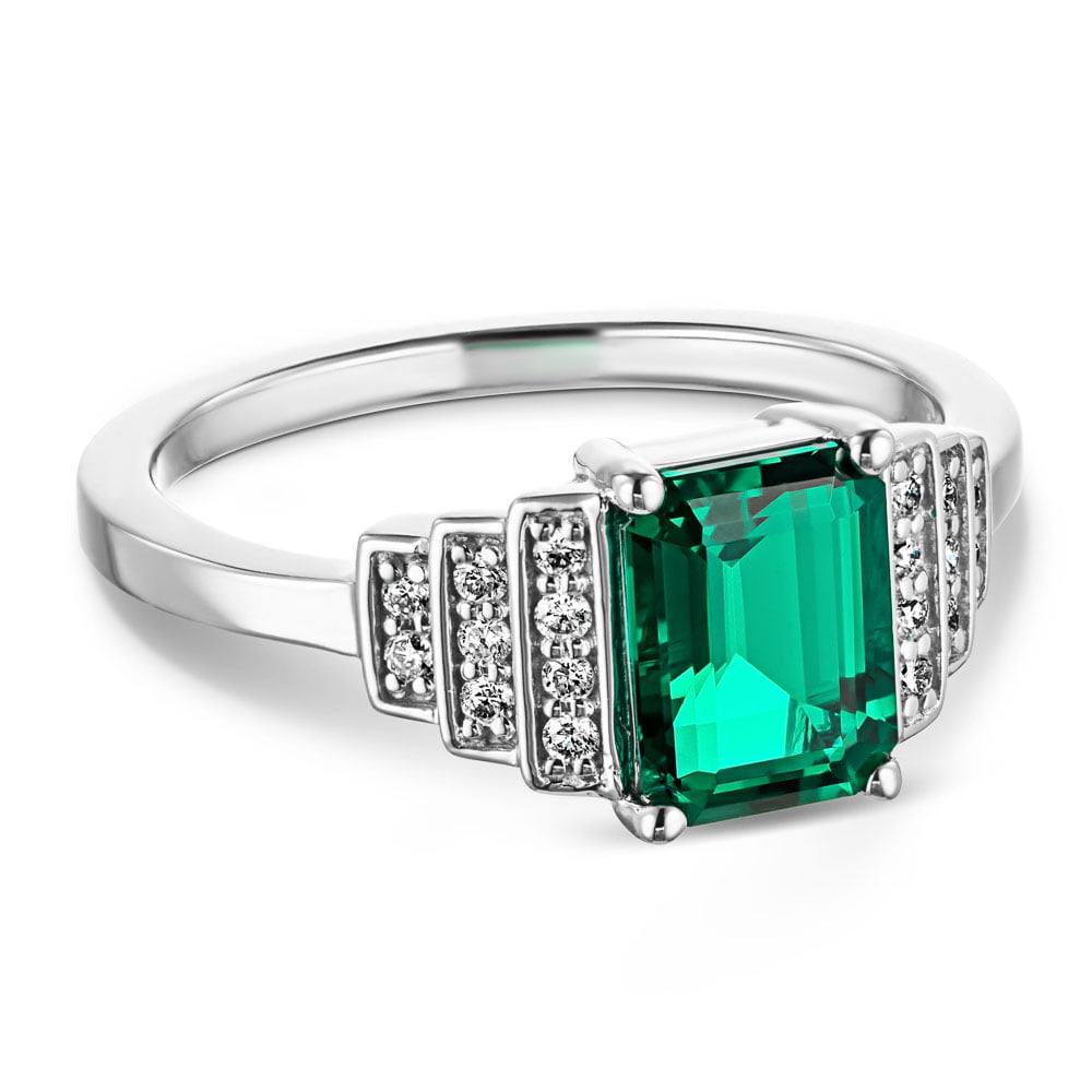 Vivienne Antique Engagement Ring shown with a 1.0ct emerald Lab Grown Gemstone in recycled 14K white gold | Vivienne Antique Engagement Ring emerald Lab Grown Gemstone recycled 14K white gold