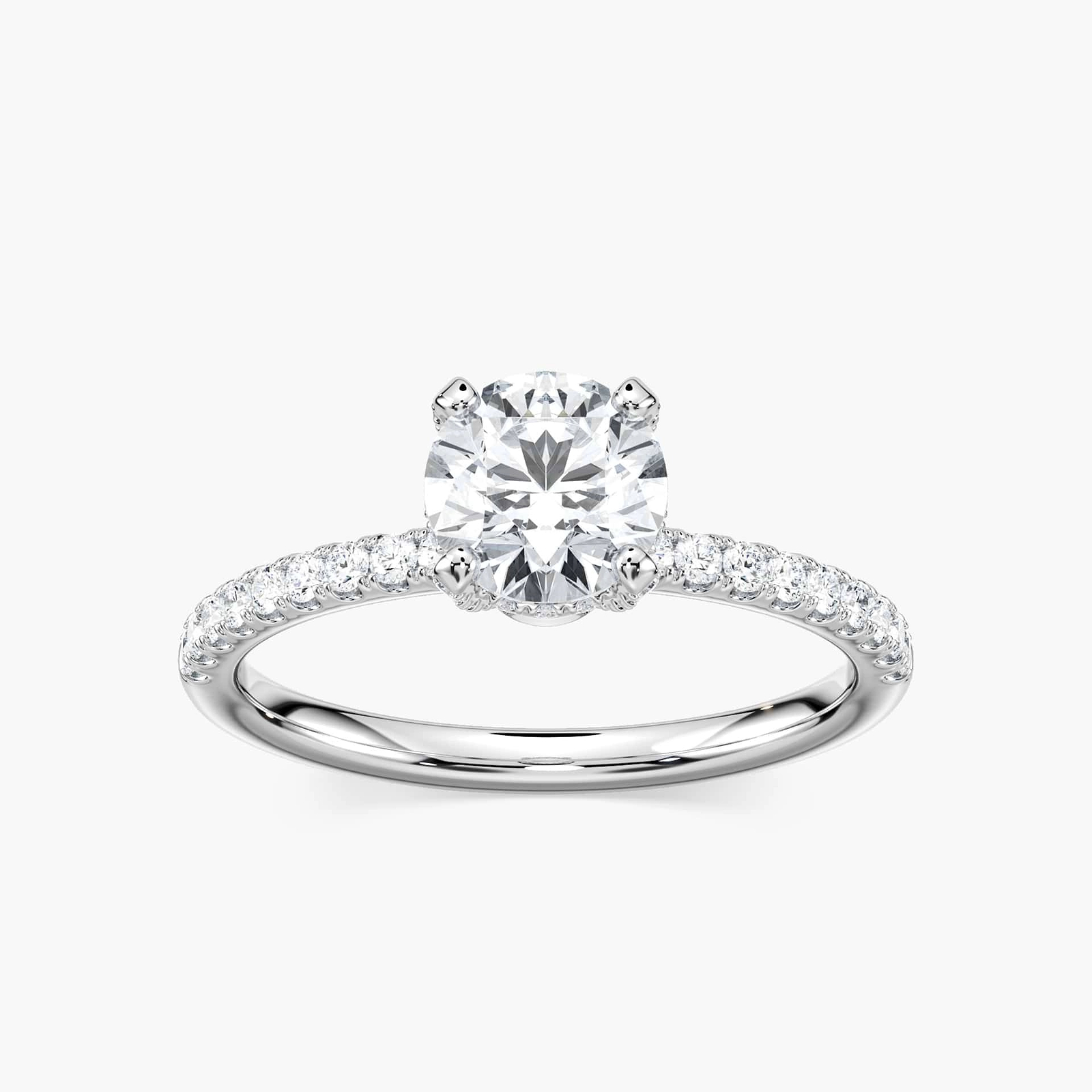 Shown with 1ct round cut lab grown diamond in 14k white gold|Adelaide diamond accented hidden halo engagement ring with 1ct round cut lab grown diamond in 14k white gold