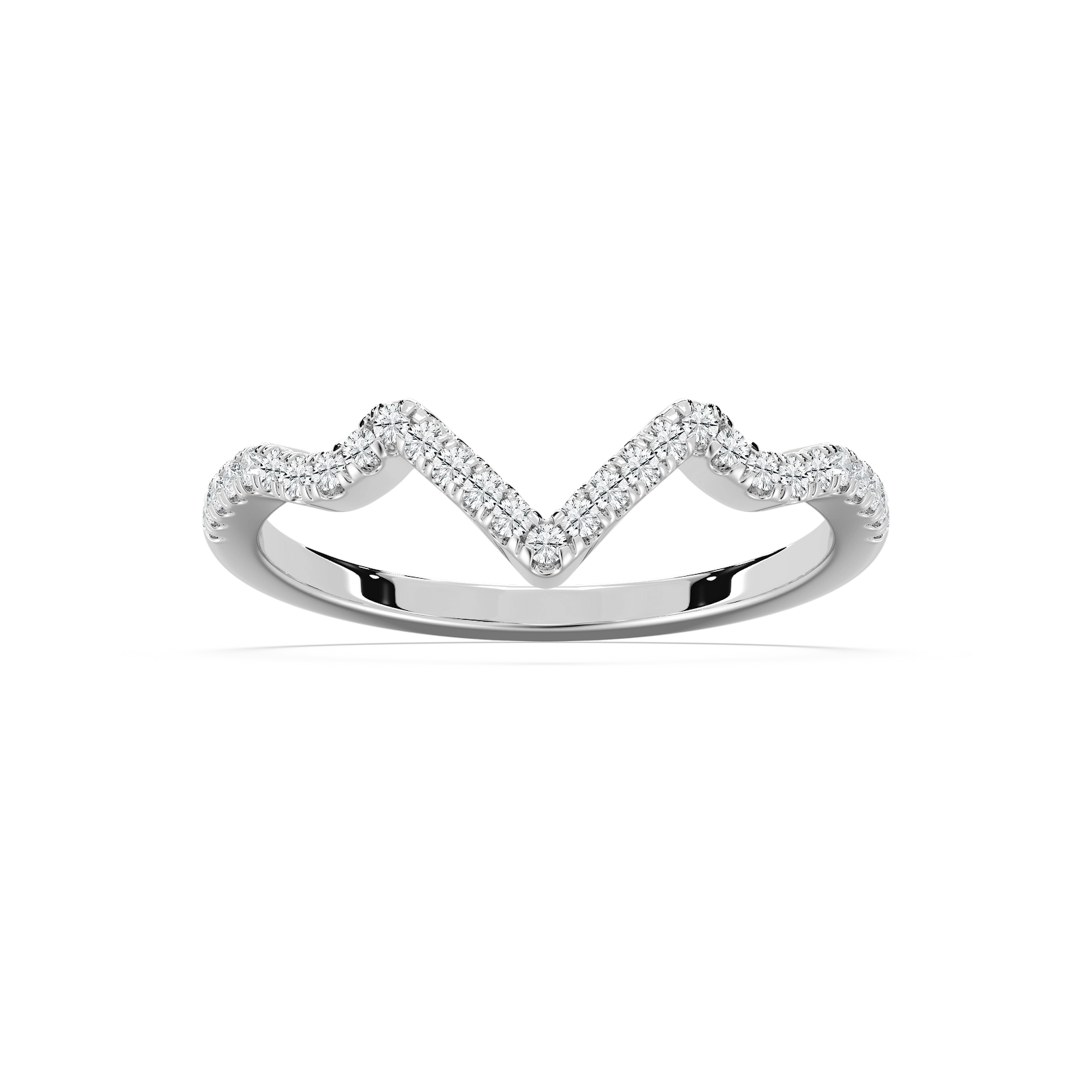 Shown in 14k White Gold|Unique lab grown diamond accented wavy v wedding band in 14k white gold