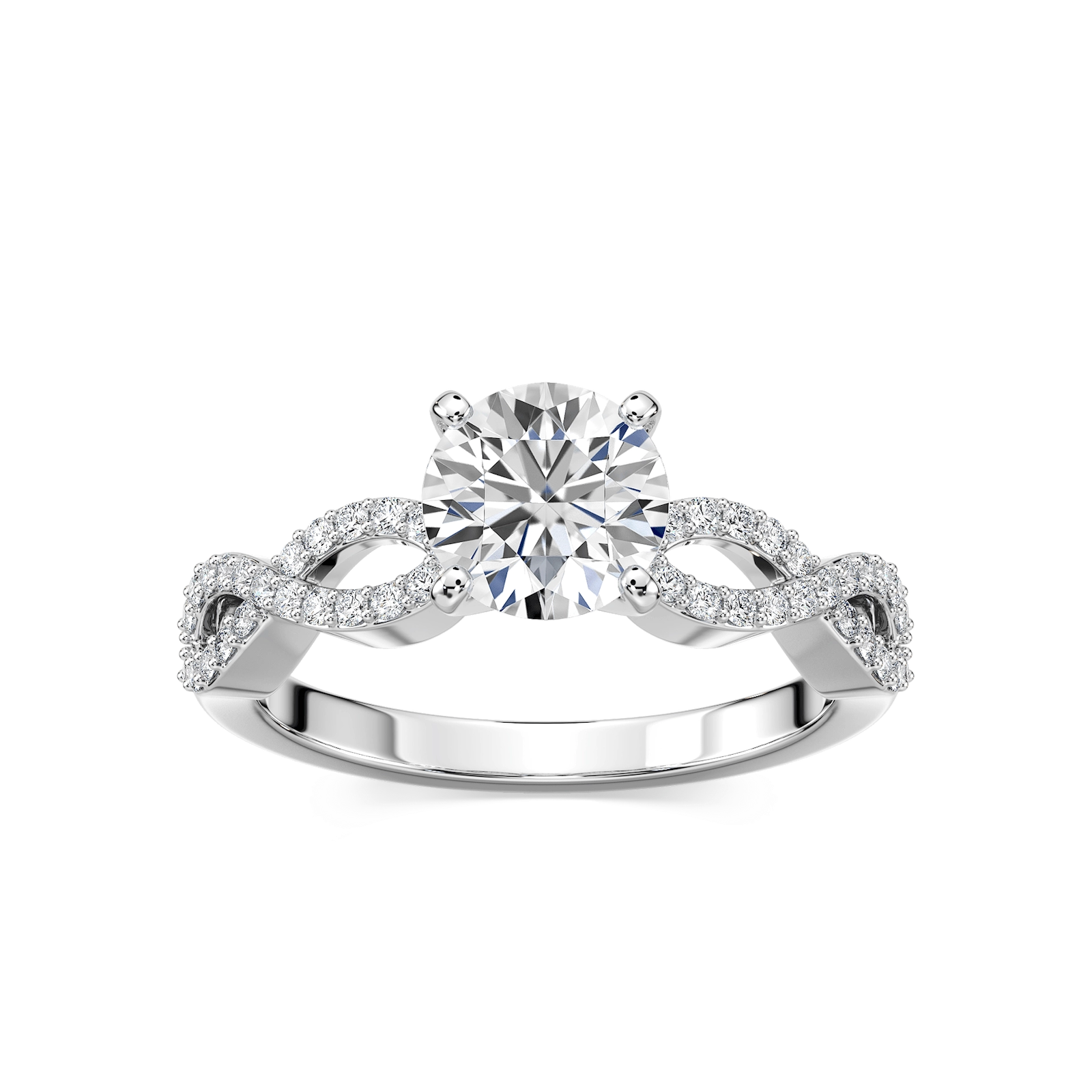 Shown with 1.25ct Round Cut Lab Grown Diamond in 14k White Gold|Diamond accented engagement ring with 1.25ct round cut lab grown diamond in 14k white gold worn on hand