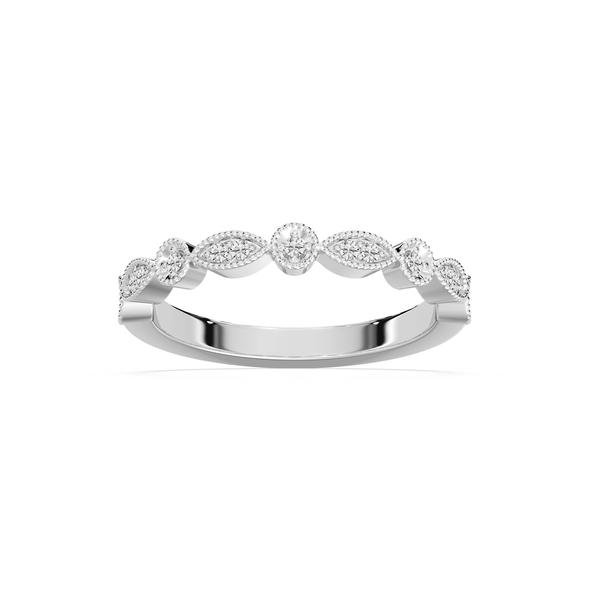 Shown in 14k White Gold|Antique style romantic diamond accented wedding band with milgrain detailing in 14k white gold