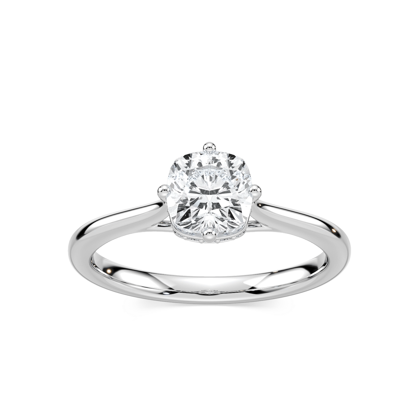 Shown with a 1ct Cushion cut Lab Grown Diamond in 14k Rose Gold|Hidden halo engagement ring with 8 prongs holding a 1ct cushion cut lab grown diamond in 14k rose gold
