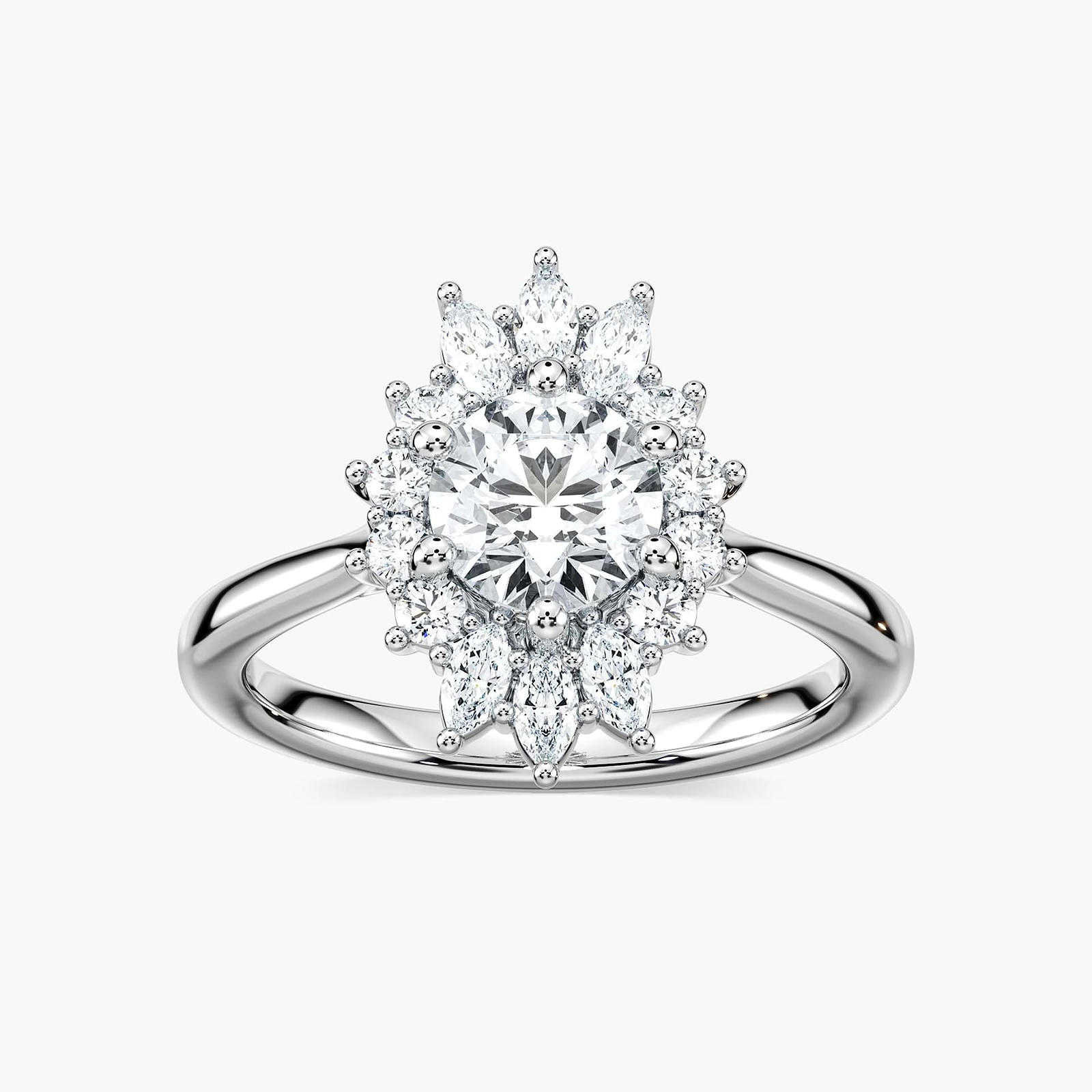 Shown here with a 1.0ct Round Cut Lab Grown Diamond center stone in 14K White Gold|shown with a 1 carat lab grown diamond center stone with a lab grown diamond floral inspired halo set in 14k white gold metal