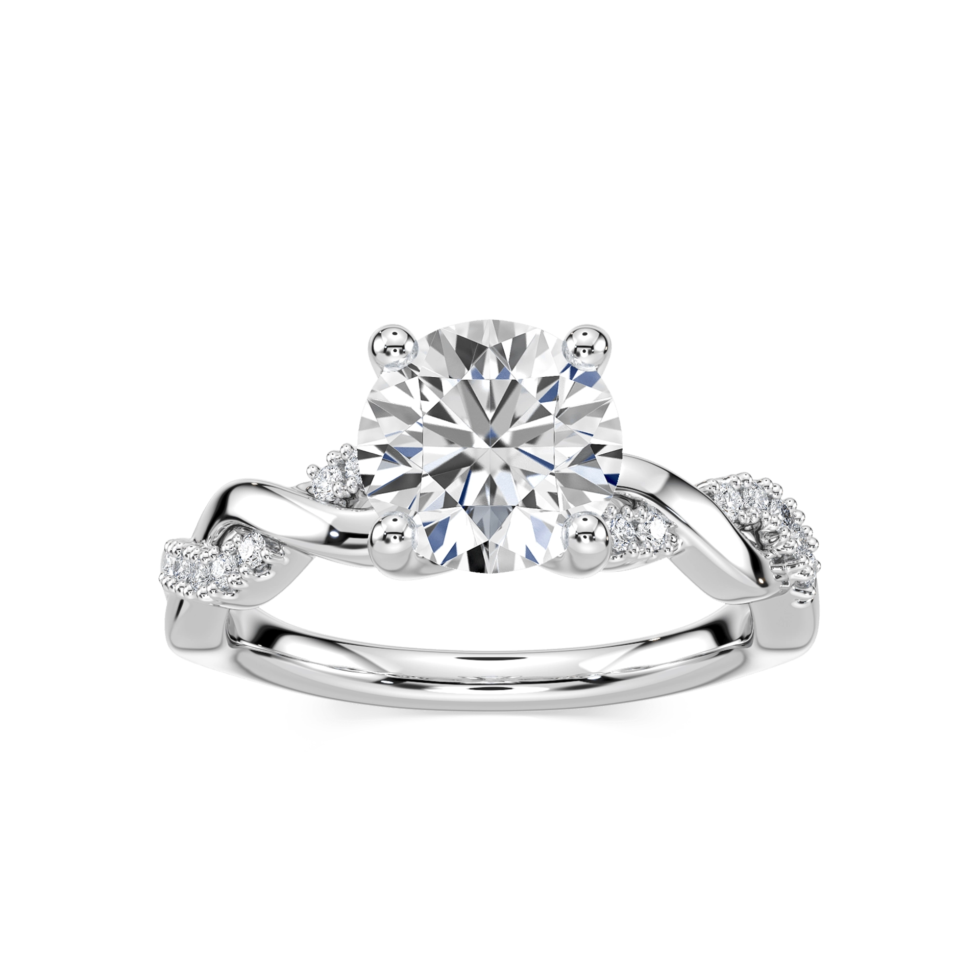 Shown with 1ct Round Cut Lab Grown Diamond in 14k White Gold|Nature inspired engagement ring with twisted diamond accented band featuring 1ct round cut lab grown diamond in 14k white gold