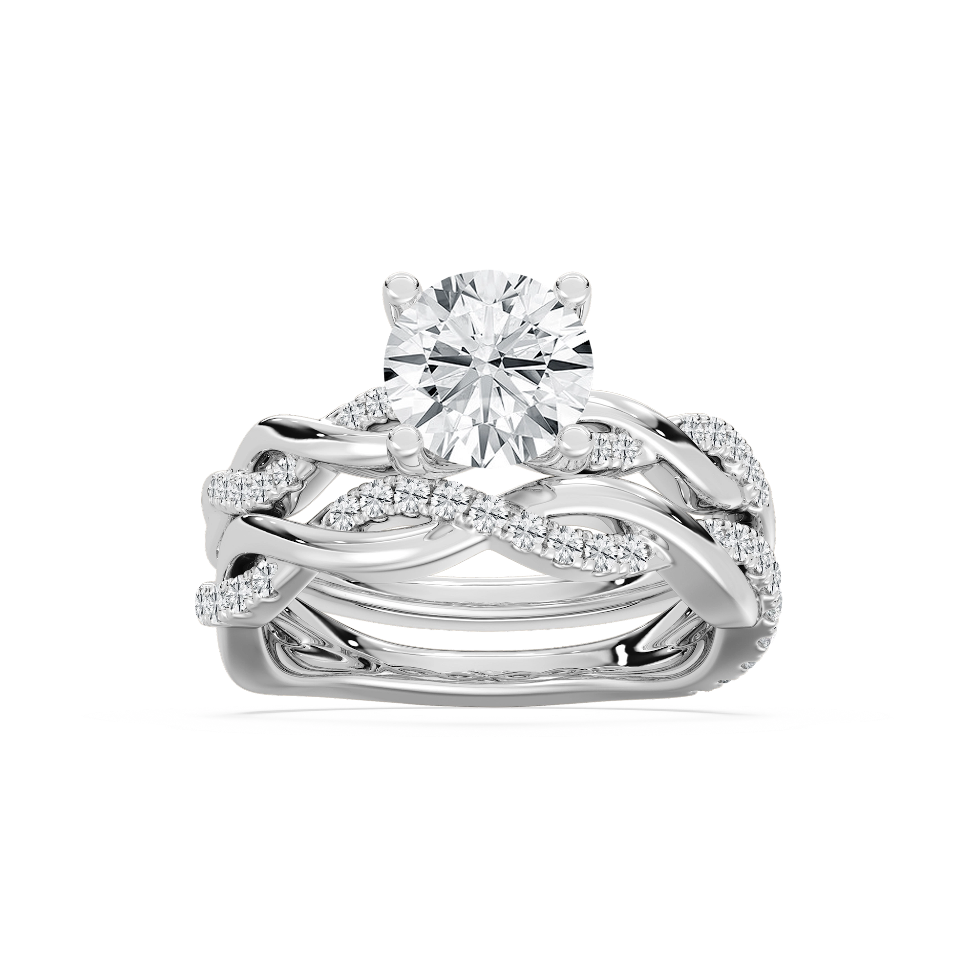 Matching Wedding Set shown with a 1.0ct round cut Lab-Grown Diamond with accenting stones in recycled 14K white gold | diamond accented engagement ring and matching wedding band Shown with a 1.0ct round cut Lab-Grown Diamond with accenting stones in recycled 14K white gold