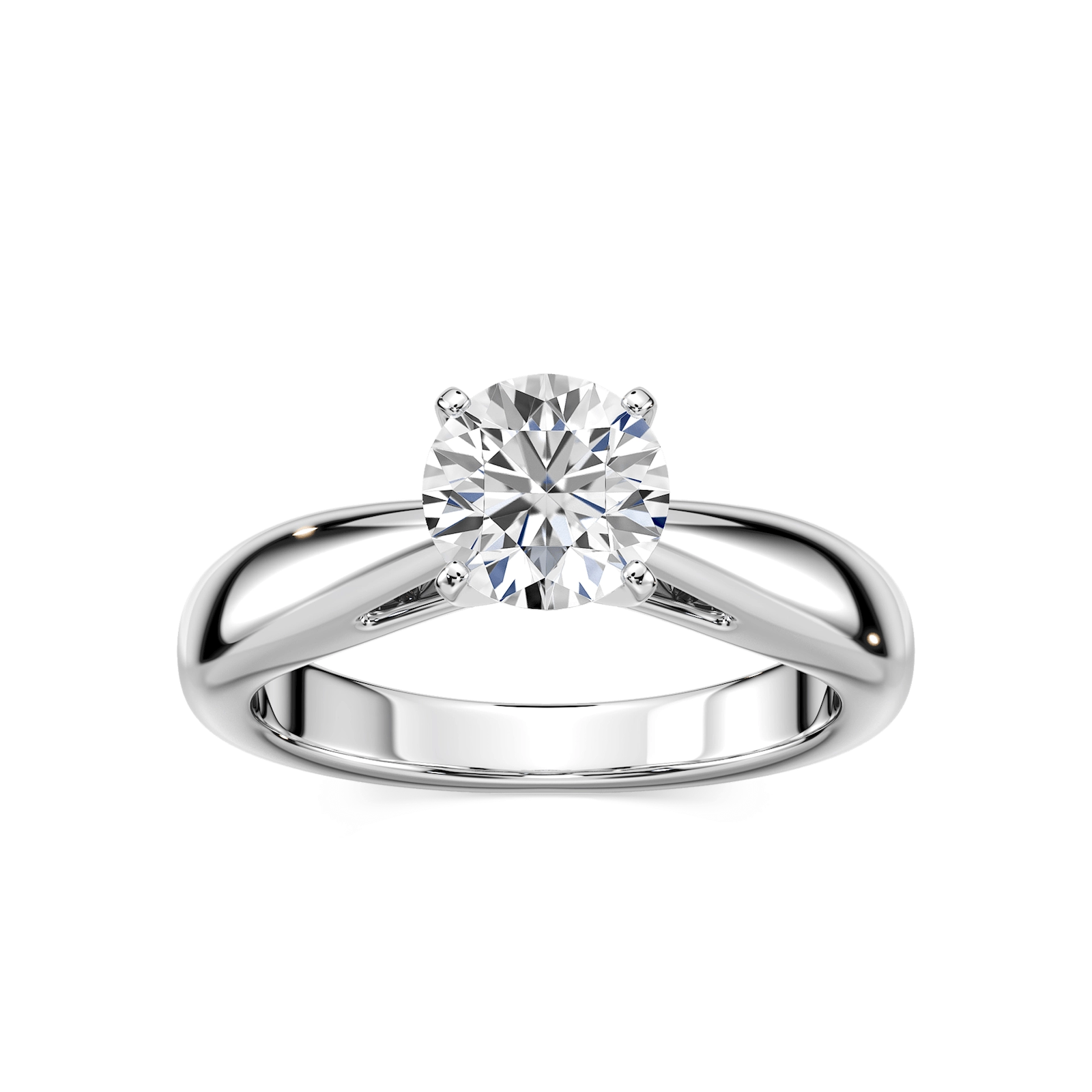 Shown with 1ct Round Cut Lab Grown Diamond in Platinum|Modern solitaire engagement ring with wide band and cathedral style design featuring 1ct round cut lab grown diamond in platinum