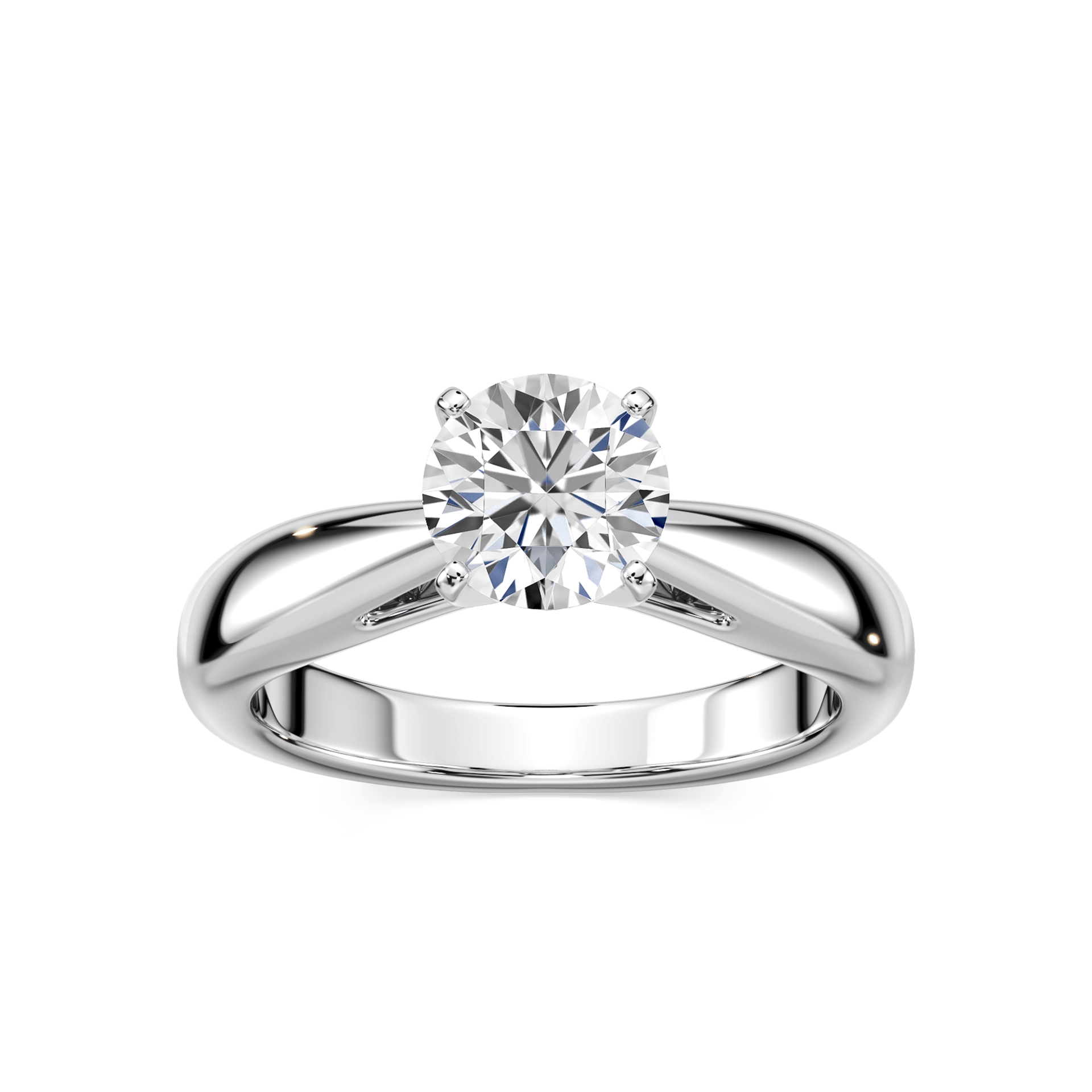 Shown with 1ct Round Cut Lab Grown Diamond in Platinum|Modern solitaire engagement ring with wide band and cathedral style design featuring 1ct round cut lab grown diamond in platinum