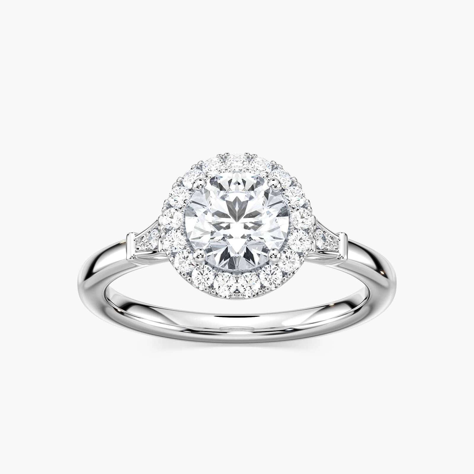 Shown with 1ct Round Cut Lab Grown Diamond in 14k White Gold|Elegant diamond halo engagement ring with 1ct round cut lab grown diamond in 14k white gold