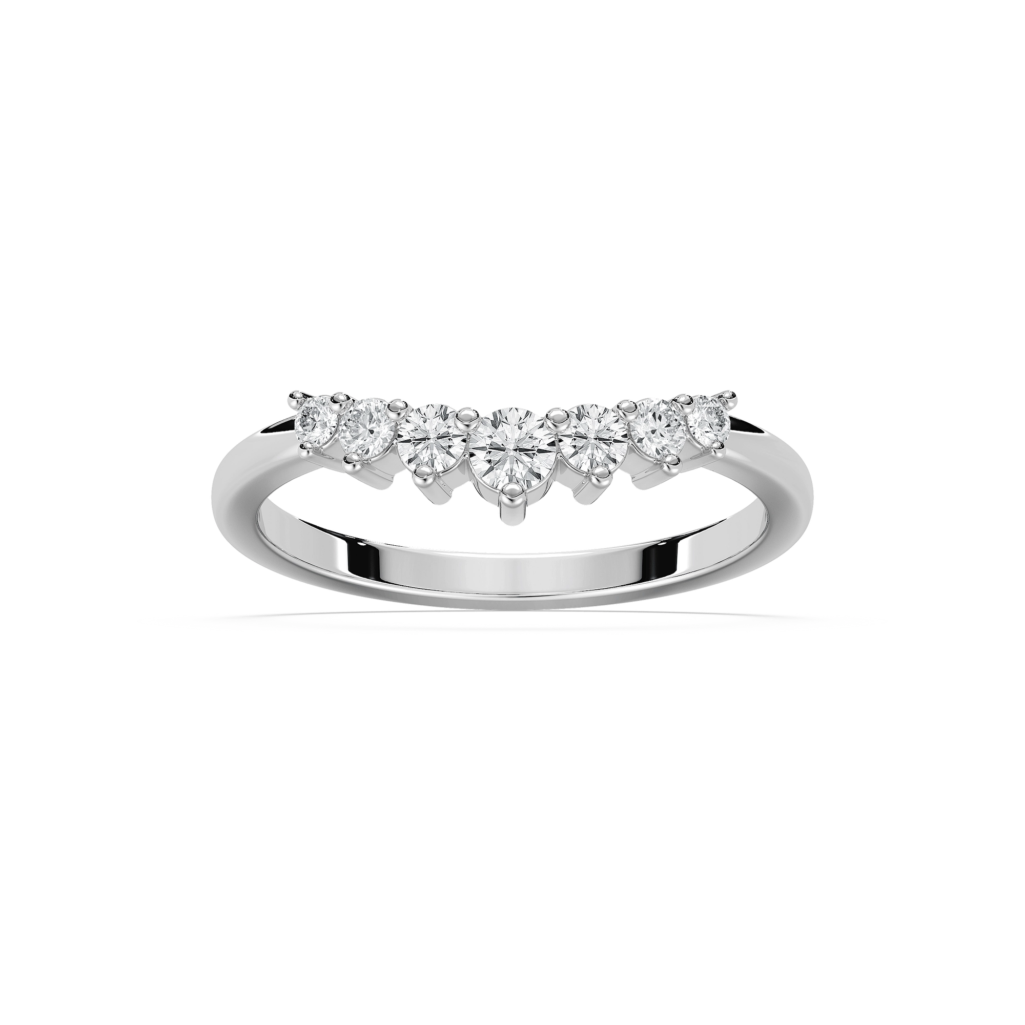 Shown in 14k White Gold|Graduated lab grown diamond accented v wedding band with stackable contour design set in 14k white gold