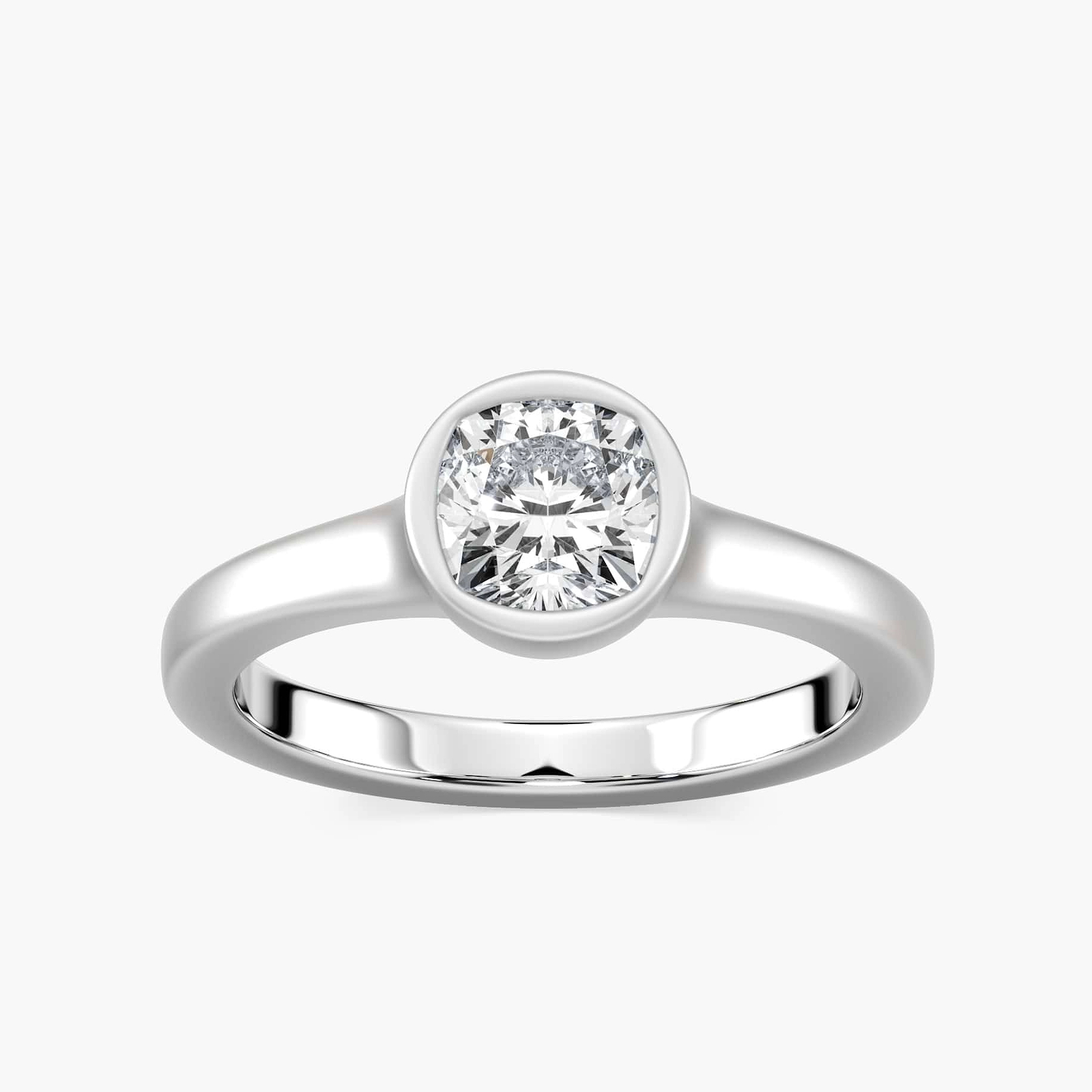 Shown in 14K White Gold with a Satin Finish|bezel set satin finish engagement ring with cushion cut lab grown diamonds