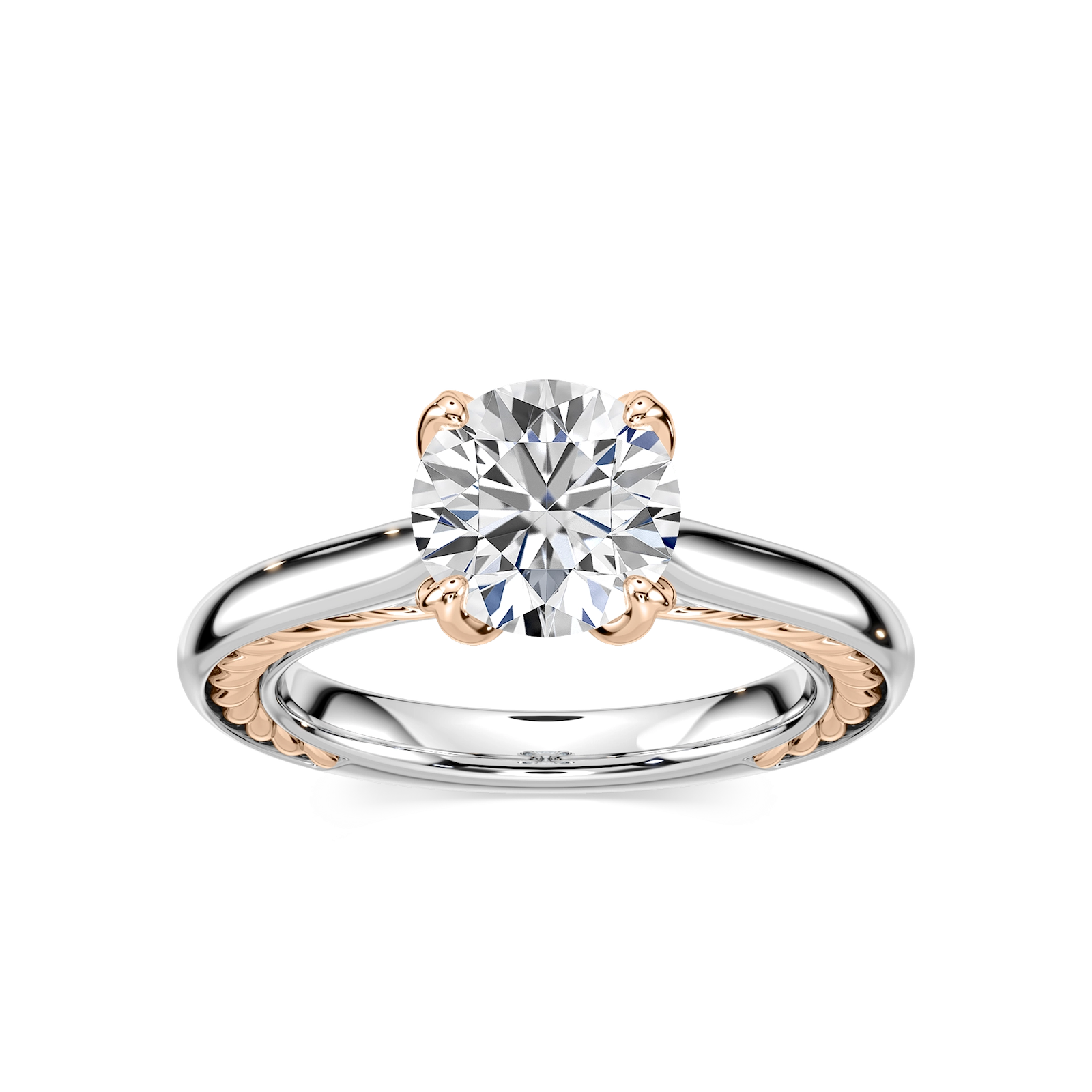 Shown with 1ct Lab Created Champagne Pink Sapphire in 14k White Gold|Lab grown champagne pink sapphire engagement ring with two tone 14k white gold and rose gold worn on hand