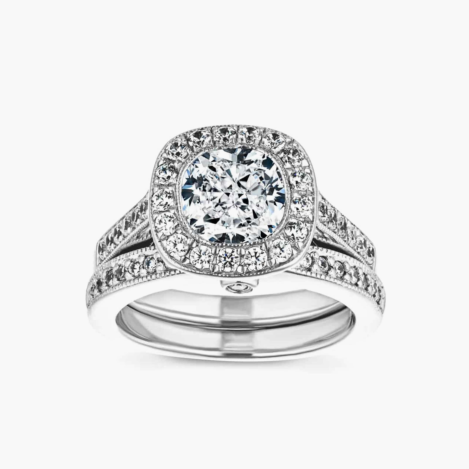 Misty Lab Grown Diamond Halo Milgrain and Beaded Prong Wedding Set