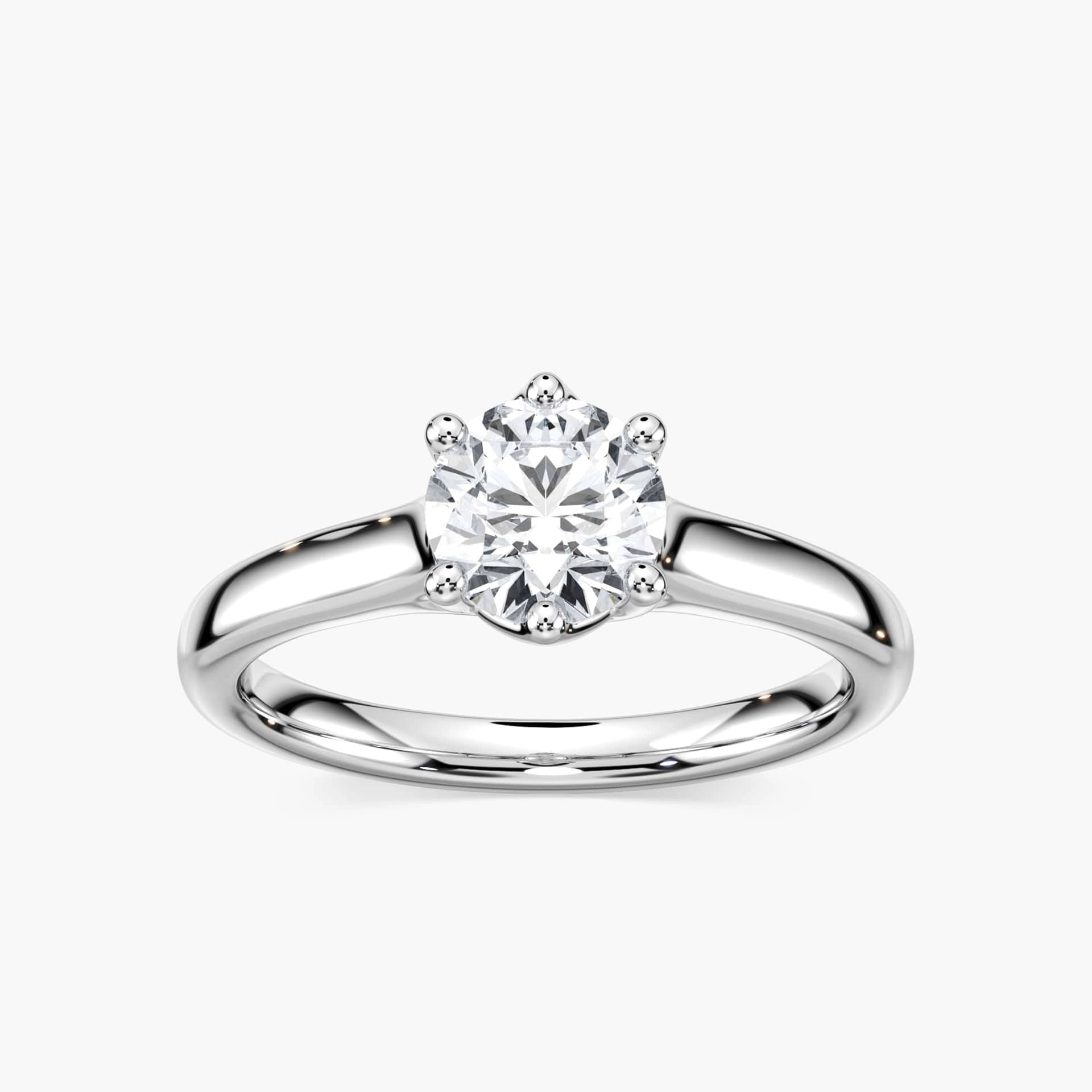 Calista Solitaire Engagement Ring shown with a 1.0ct round cut Lab-Grown Diamond in recycled 14K white gold | Calista Solitaire Engagement Ring  six prong solitaire engagement ring 1.0ct round cut lab grown diamond recycled 14k white gold