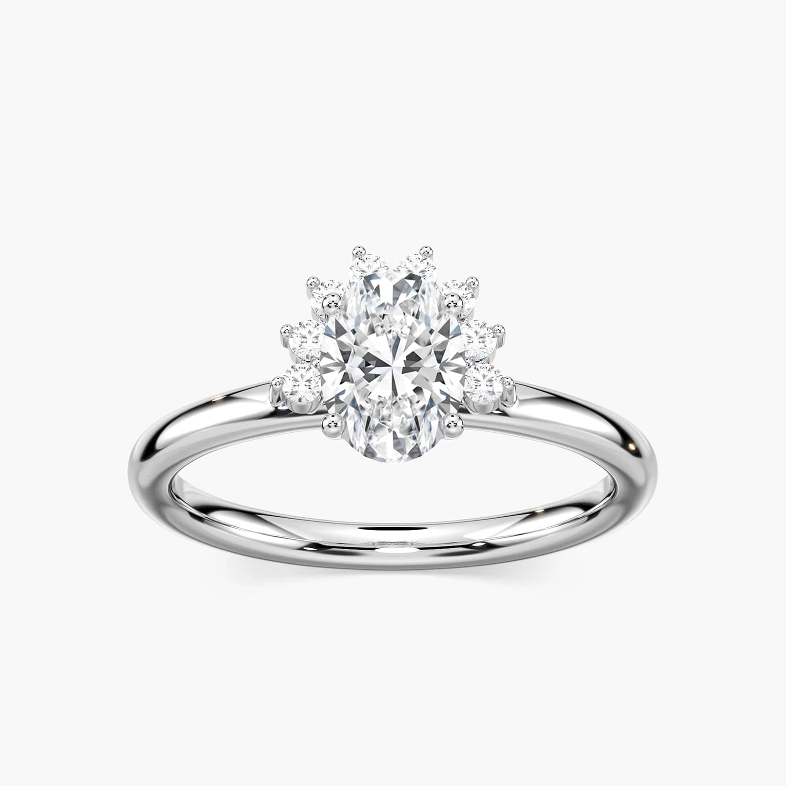 Shown with 1.5ct Oval Cut Lab Grown Diamond in 14k White Gold|Vintage style half halo engagement ring with 1.5ct oval cut lab grown diamond in 14k white gold