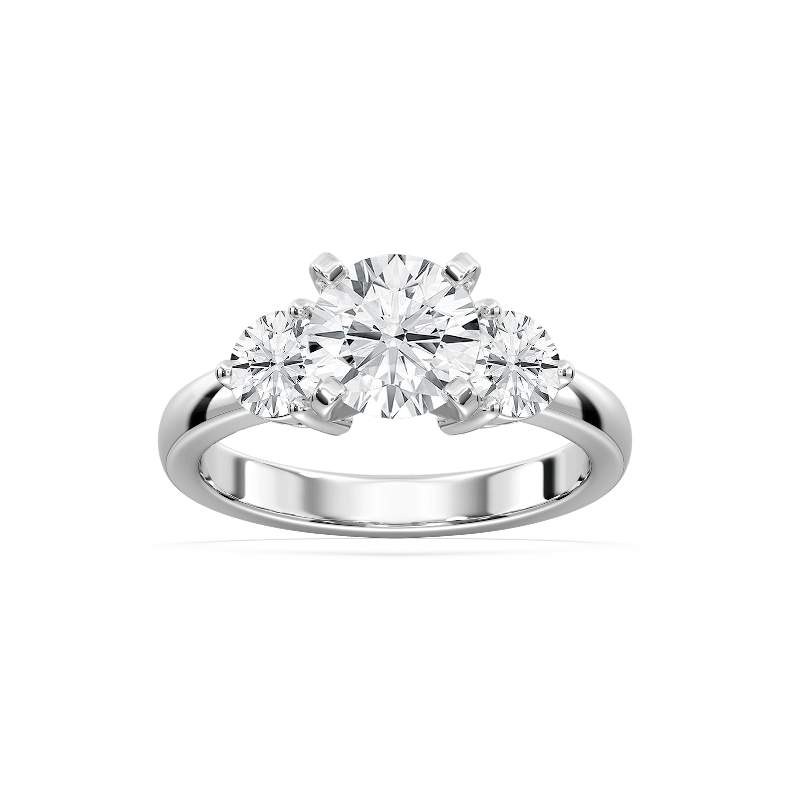 Shown with three Round Cut Lab Grown Diamonds in 14k White Gold|Three stone engagement with round cut lab grown diamonds in 14k white gold