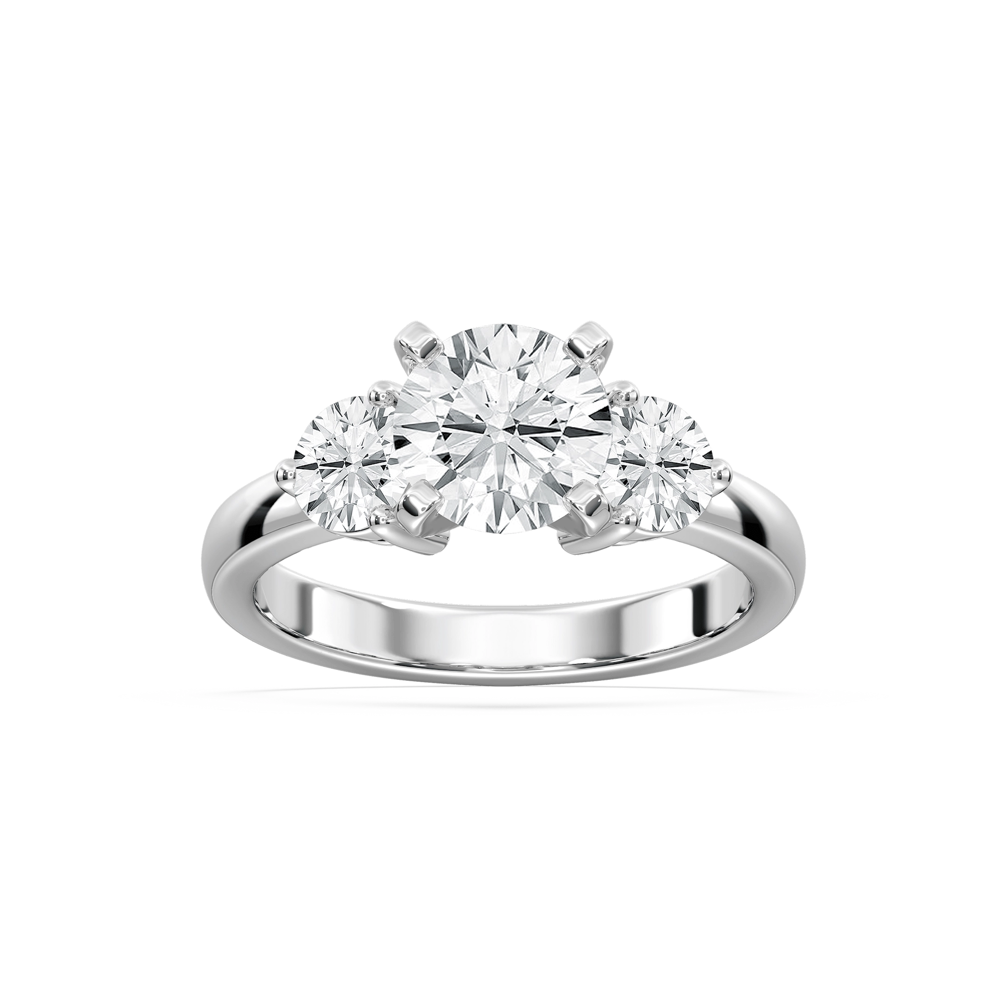 Shown with three Round Cut Lab Grown Diamonds in 14k White Gold|Three stone engagement with round cut lab grown diamonds in 14k white gold