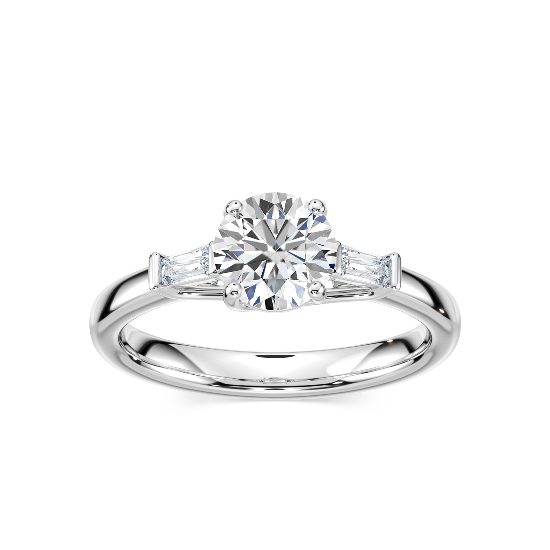 Shown with 2ct Oval Cut Lab Grown Diamond set in 14k White Gold|Beautiful three stone engagement ring with trellis set 2ct oval cut lab grown diamond amid baguette side stones in 14k white gold