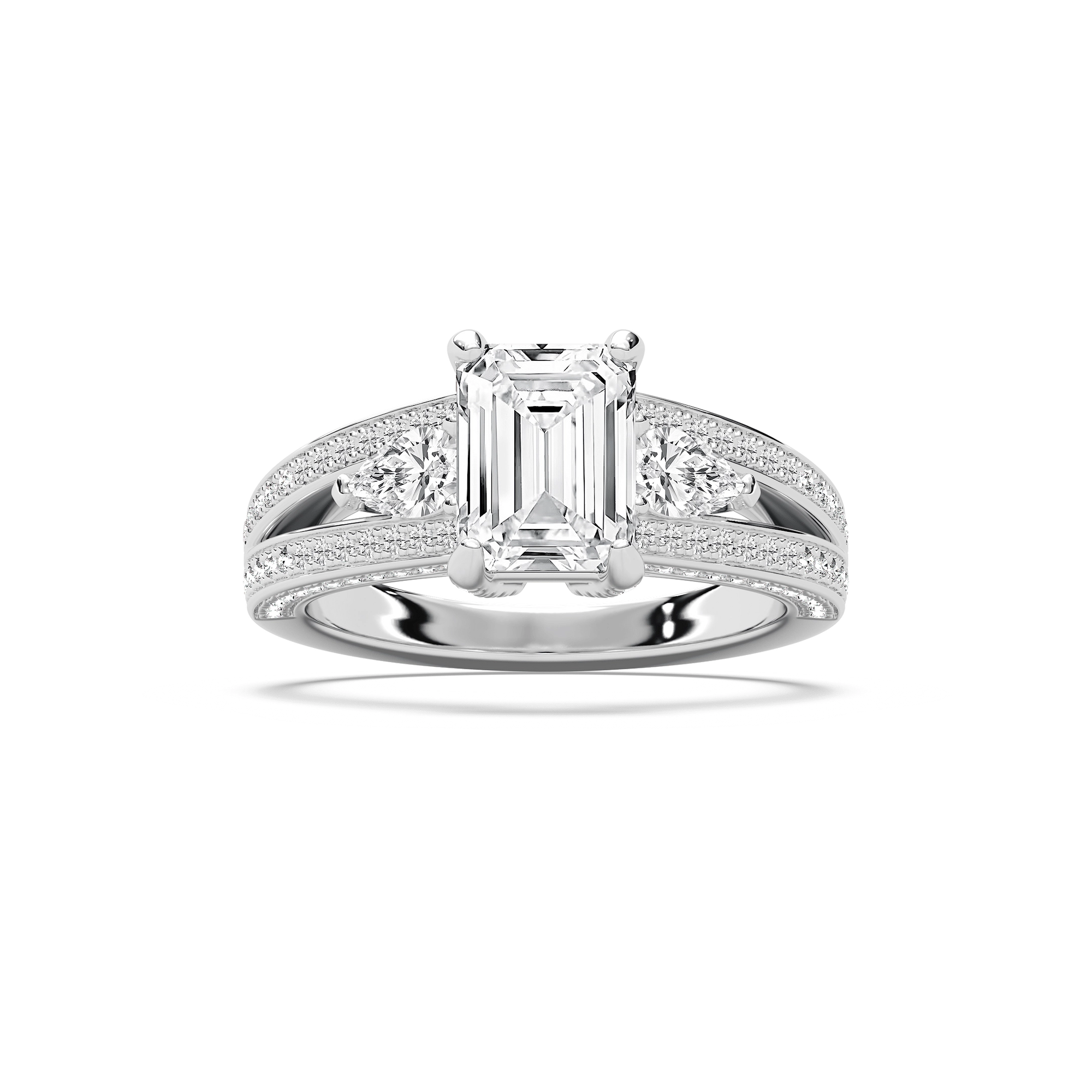 Cassie 3 ¹⁄₆ ctw Emerald Lab Grown Diamond Royal Split Shank Side Stone Engagement Ring