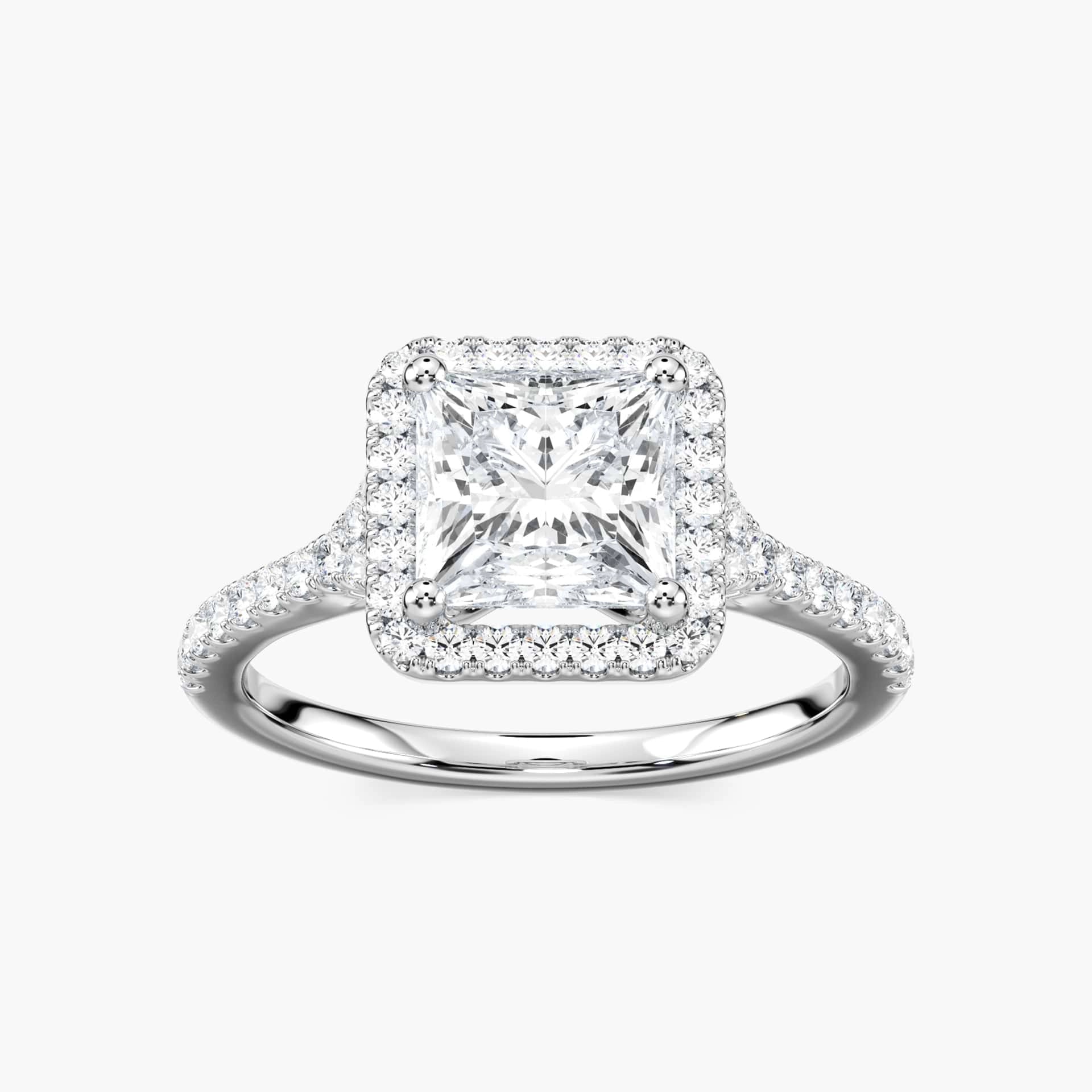 Shown with 2ct Princess Cut Lab Grown Diamond in 14k White Gold|Antique style diamond accented halo engagement ring with 2ct princess cut lab grown diamond in 14k white gold