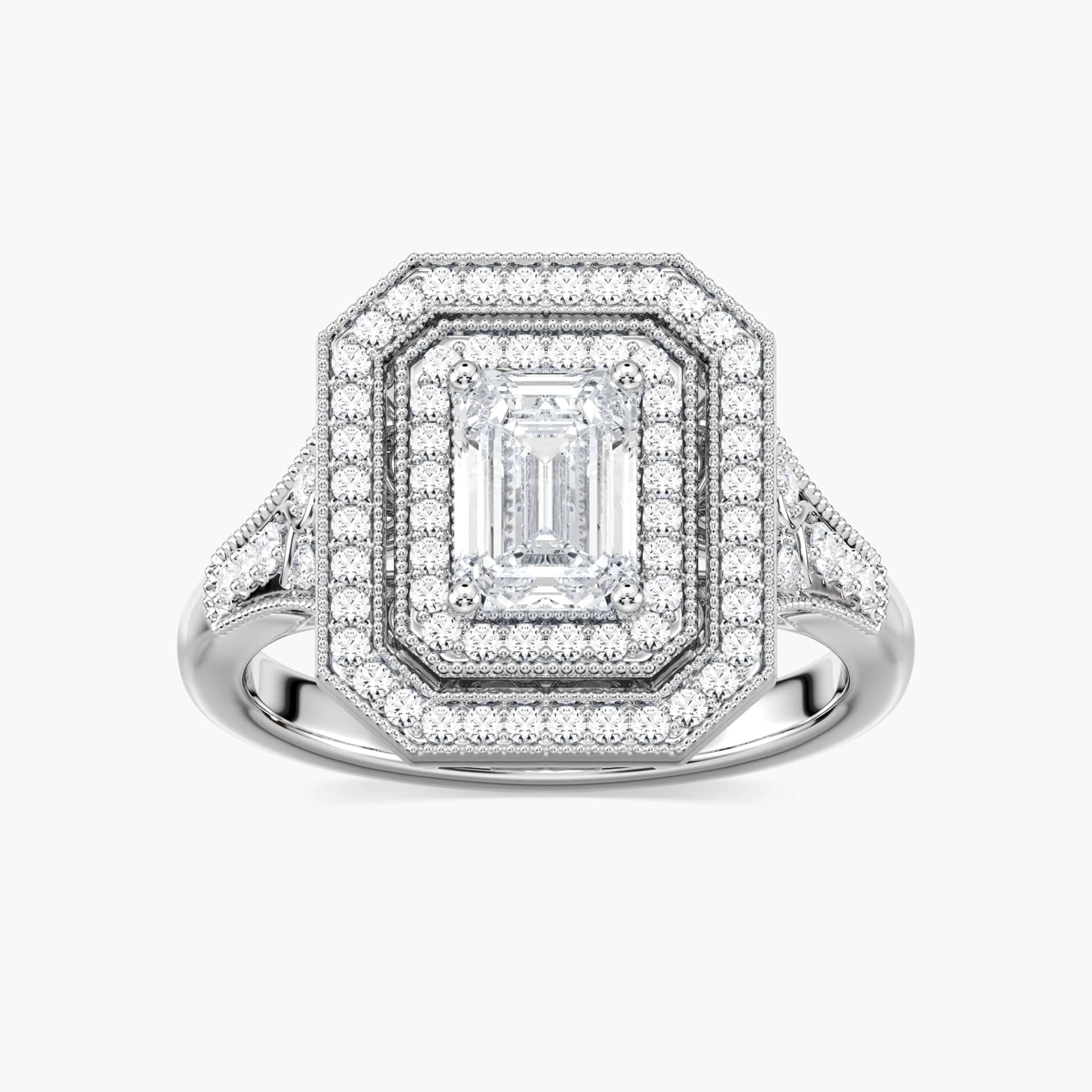 Shown with 1ct Emerald Cut Lab Grown Diamond in 14k White Gold|Antique style double halo engagement ring with 1ct emerald cut lab grown diamond in 14k white gold