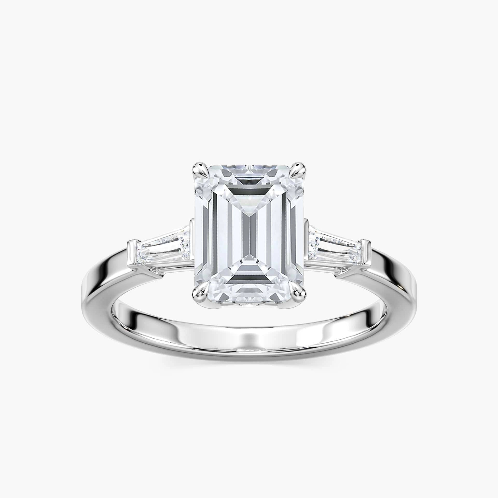 Shown with 1ct Emerald Cut Lab Grown Diamond in 14k White Gold|Baguette side stone engagement ring with 1ct emerald cut lab grown diamond in 14k white gold with peek-a-boo diamonds