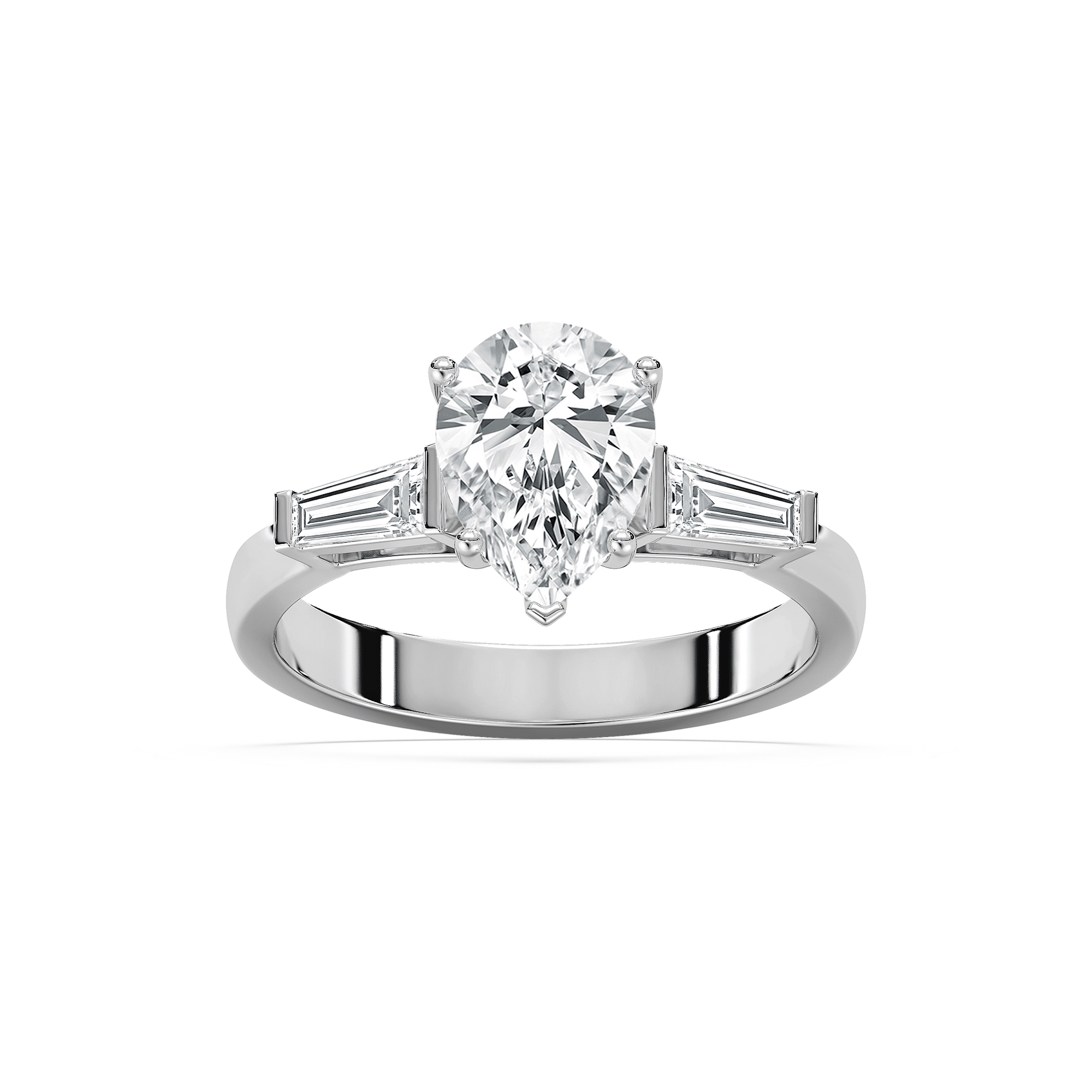 Shown with 1ct Emerald Cut Lab Grown Diamond in 14k Yellow Gold|Modern three stone engagement ring with two baguette cut recycled diamond side stones and a 1ct emerald cut lab grown diamond center in 14k yellow gold