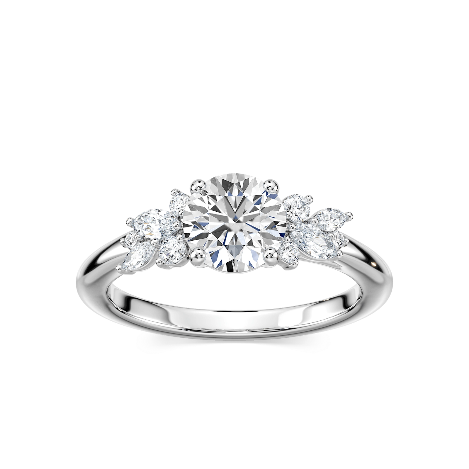 Shown here with a 1.0ct Round Cut Lab Grown Diamond center stone in 14K Yellow Gold|lab grown diamond accented engagement ring with lab grown diamond center stone set in 14k yellow gold recycled metal