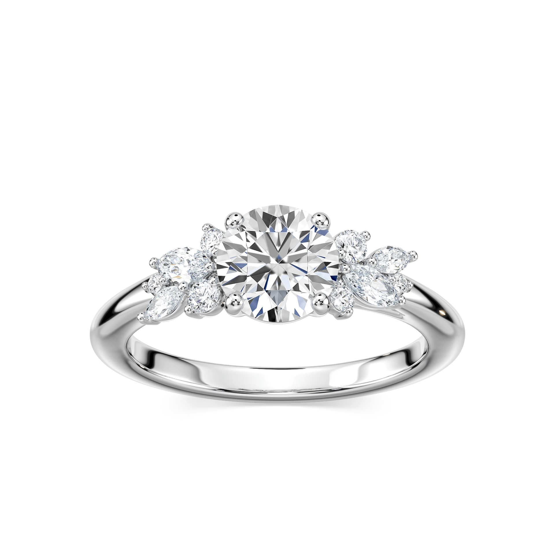 Shown here with a 1.0ct Round Cut Lab Grown Diamond center stone in 14K Yellow Gold|lab grown diamond accented engagement ring with lab grown diamond center stone set in 14k yellow gold recycled metal