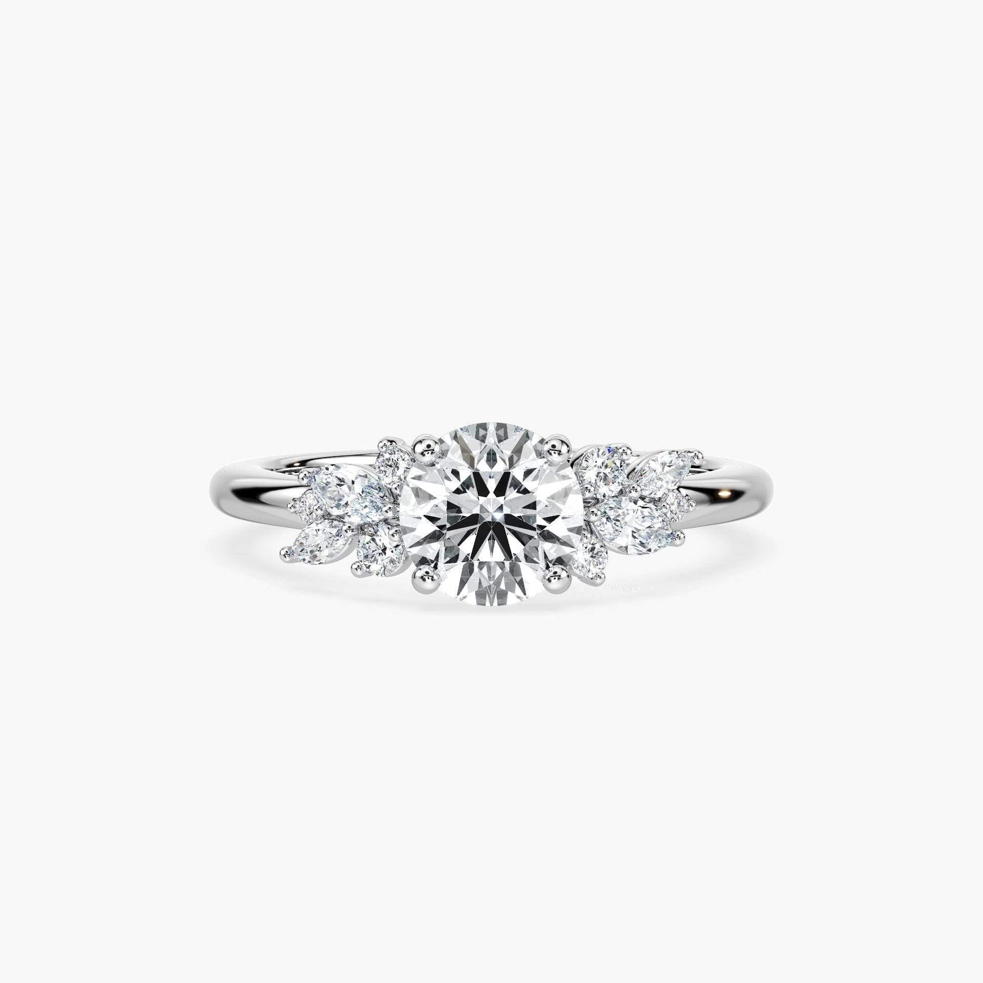 Shown in 18K White Gold|Clover Diamond Accented Engagement Ring in White Gold with a lab-grown diamond round cut center stone