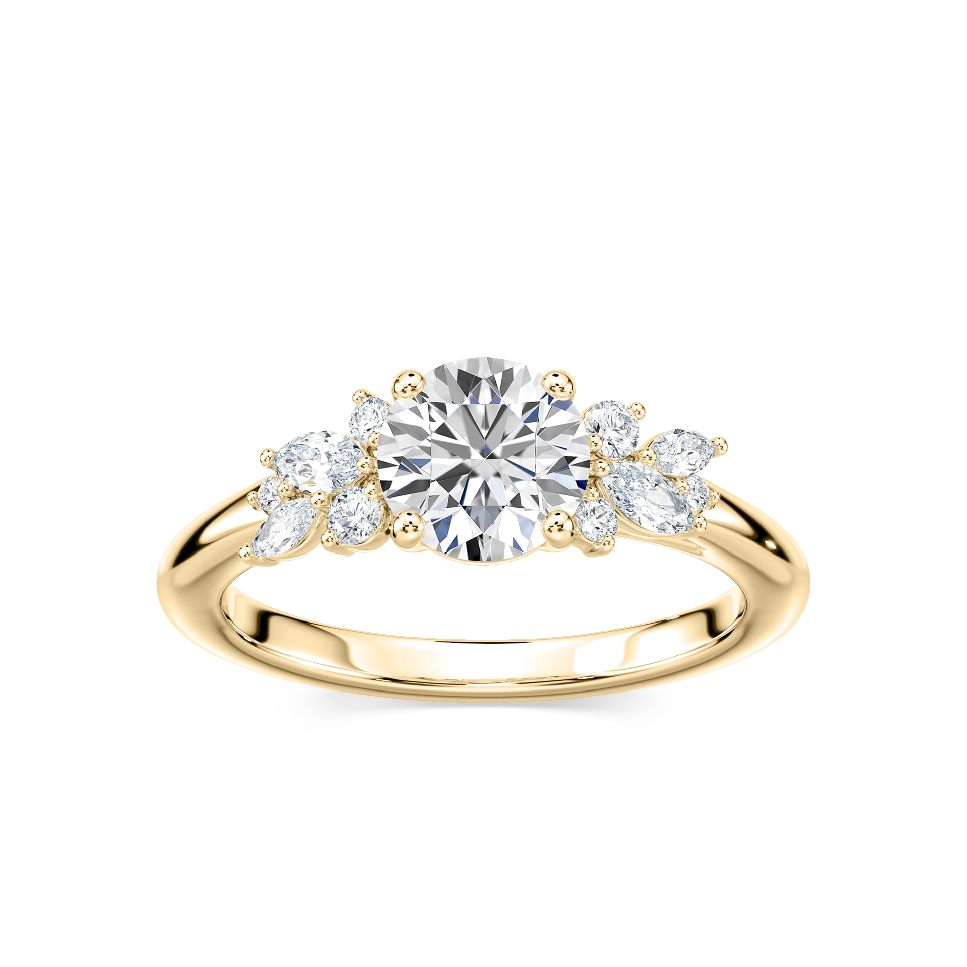 Clover Round Lab Grown Diamond Flower Petal Side Stone Engagement Ring